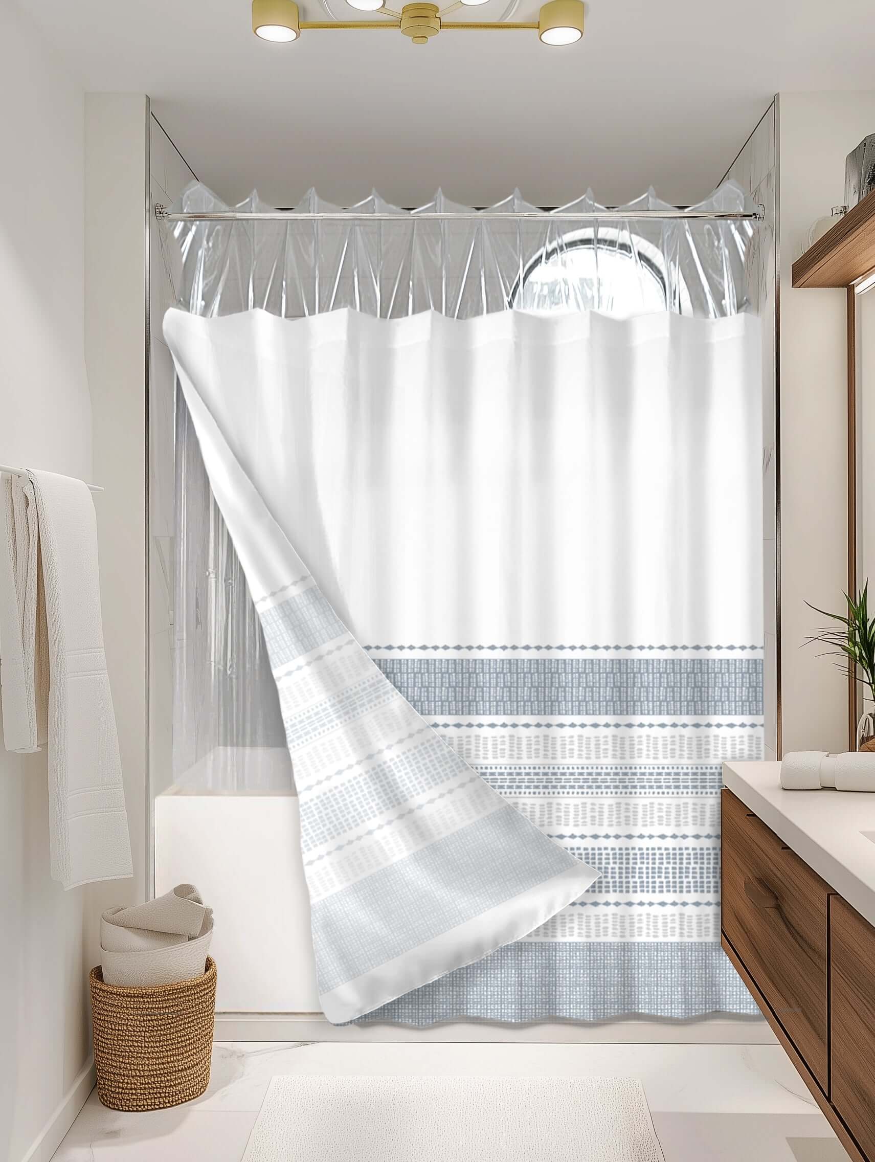 Boho Blue outer shower curtain, semi coverage, on EXPANDY® clear expander — Outer SPACE® Curtain