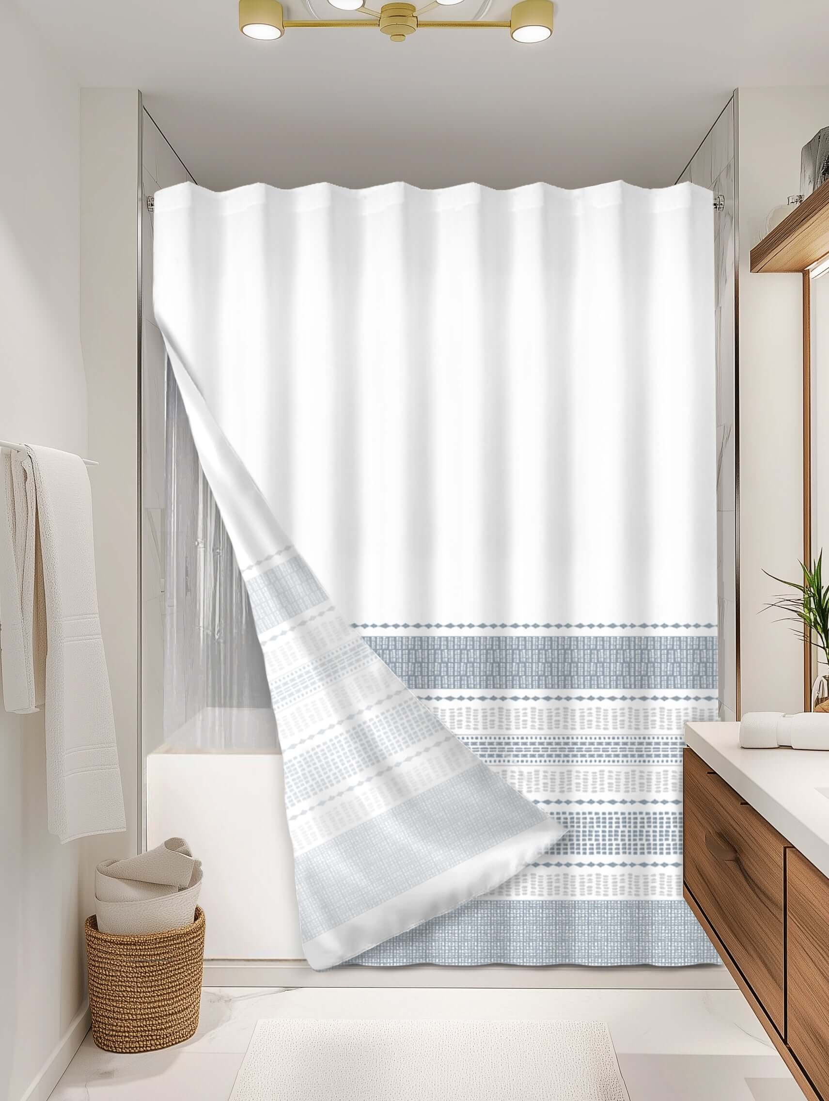 Boho Blue outer shower curtain, full coverage, on EXPANDY® clear expander — Outer SPACE® Curtain