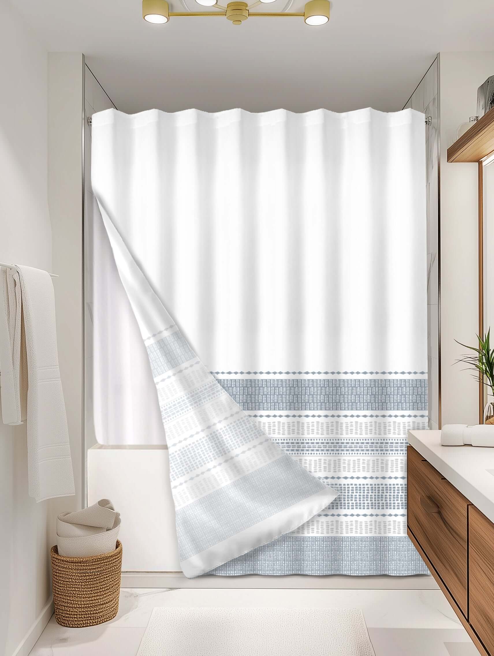 Boho Blue outer shower curtain, full coverage, on EXPANDY® white expander — Outer SPACE® Curtain