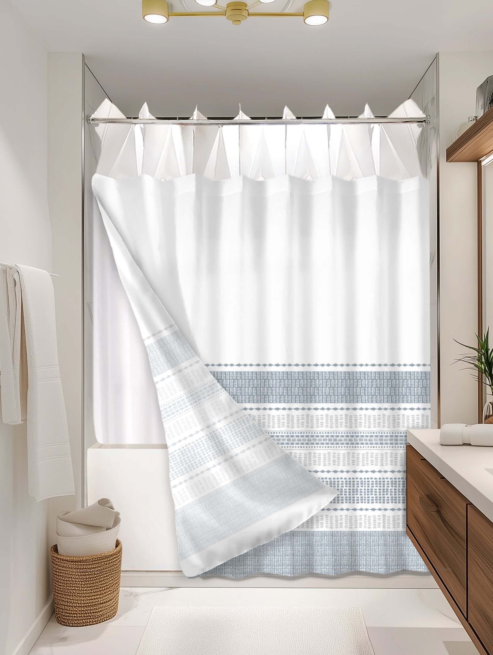 Boho Blue outer shower curtain, semi coverage, on EXPANDY® white expander — Outer SPACE® Curtain