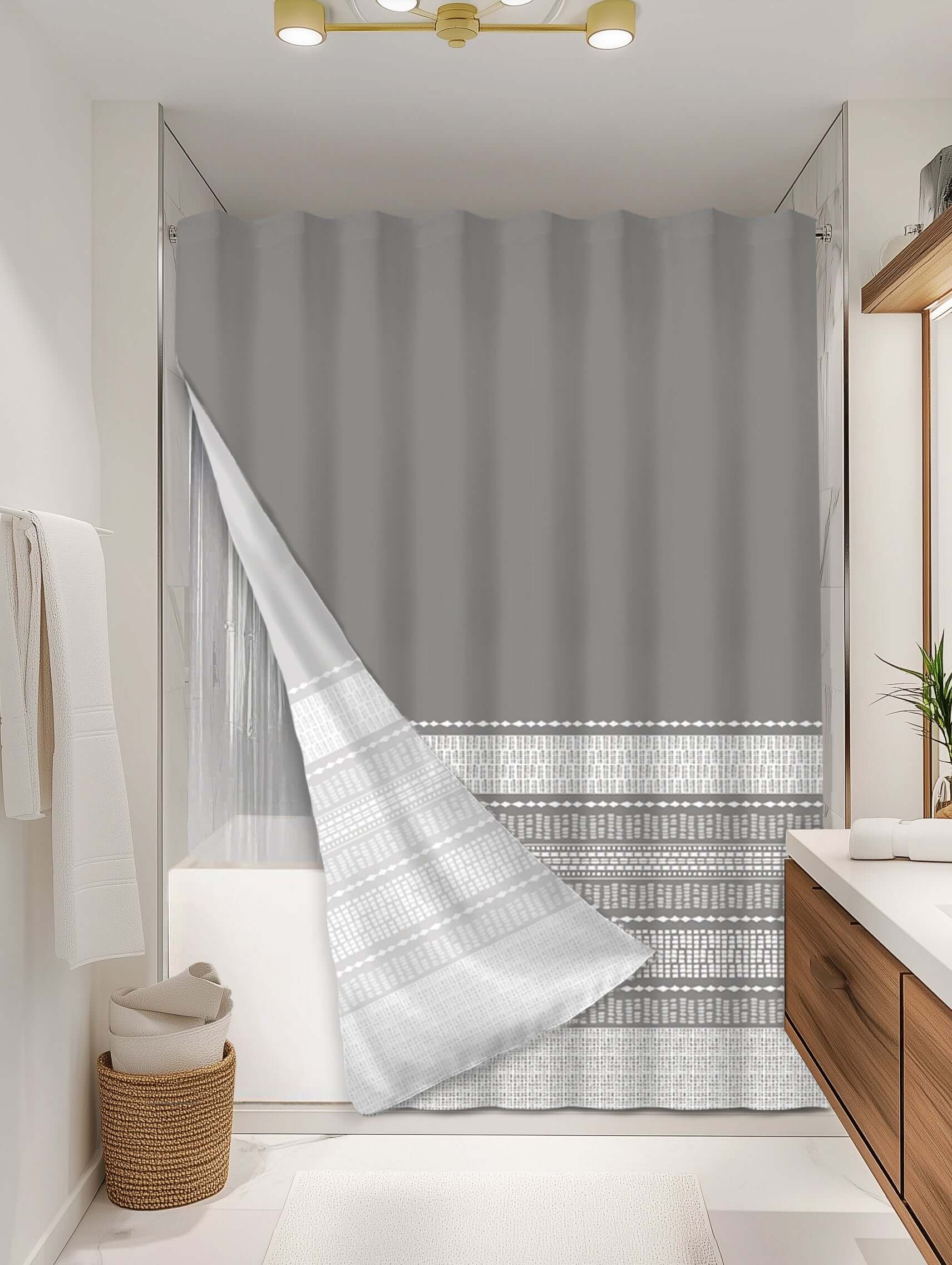 Boho Grey outer shower curtain, full coverage, on EXPANDY® clear expander — Outer SPACE® Curtain