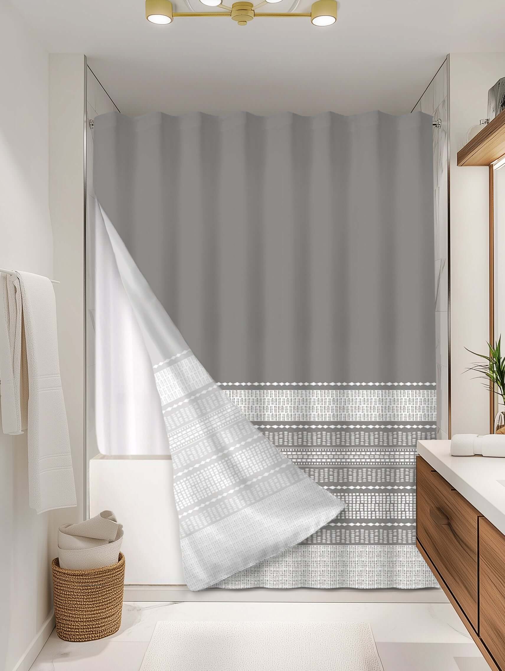 Boho Grey outer shower curtain, full coverage, on EXPANDY® white expander — Outer SPACE® Curtain