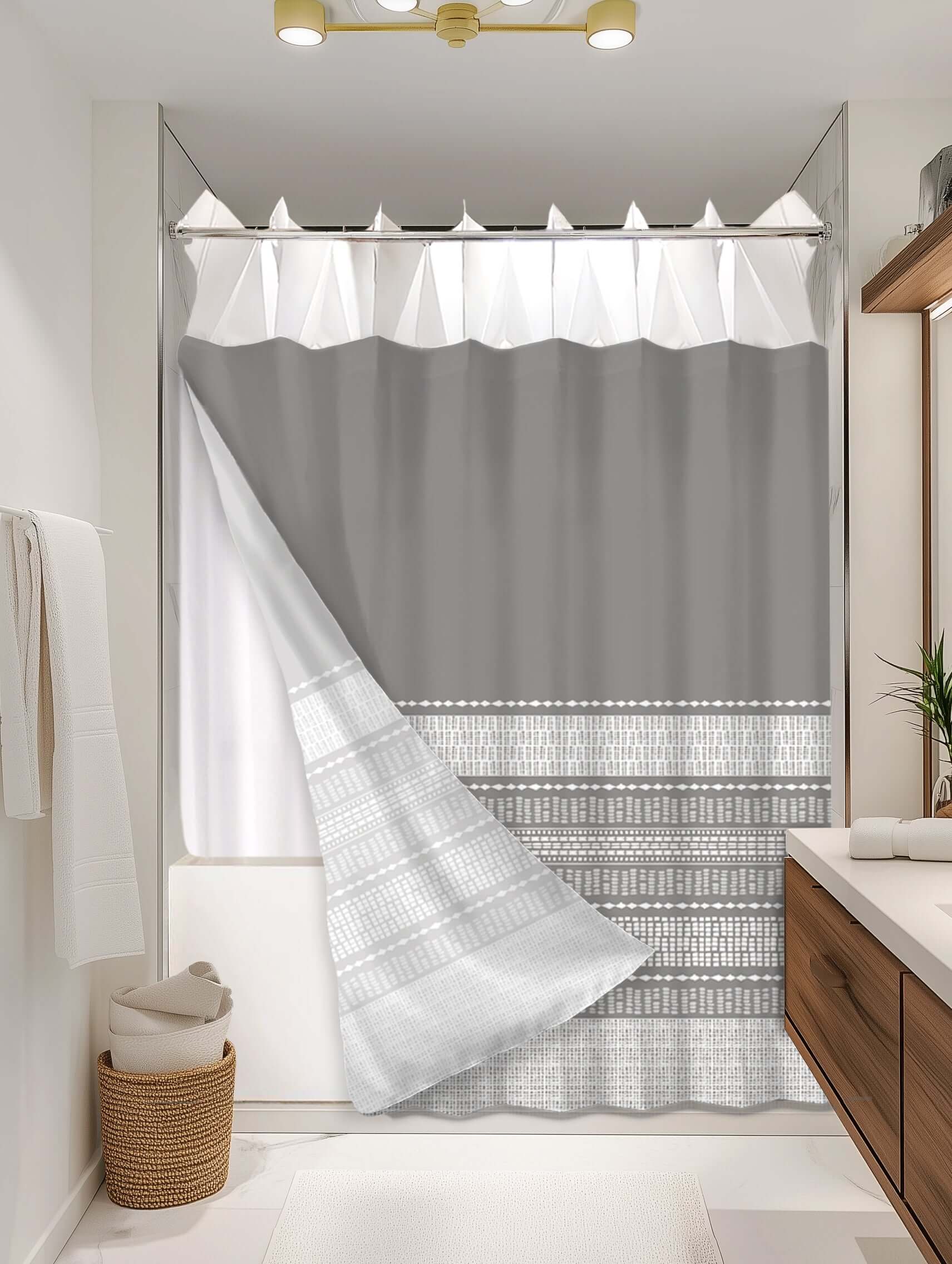 Boho Grey outer shower curtain, semi coverage, on EXPANDY® white expander — Outer SPACE® Curtain