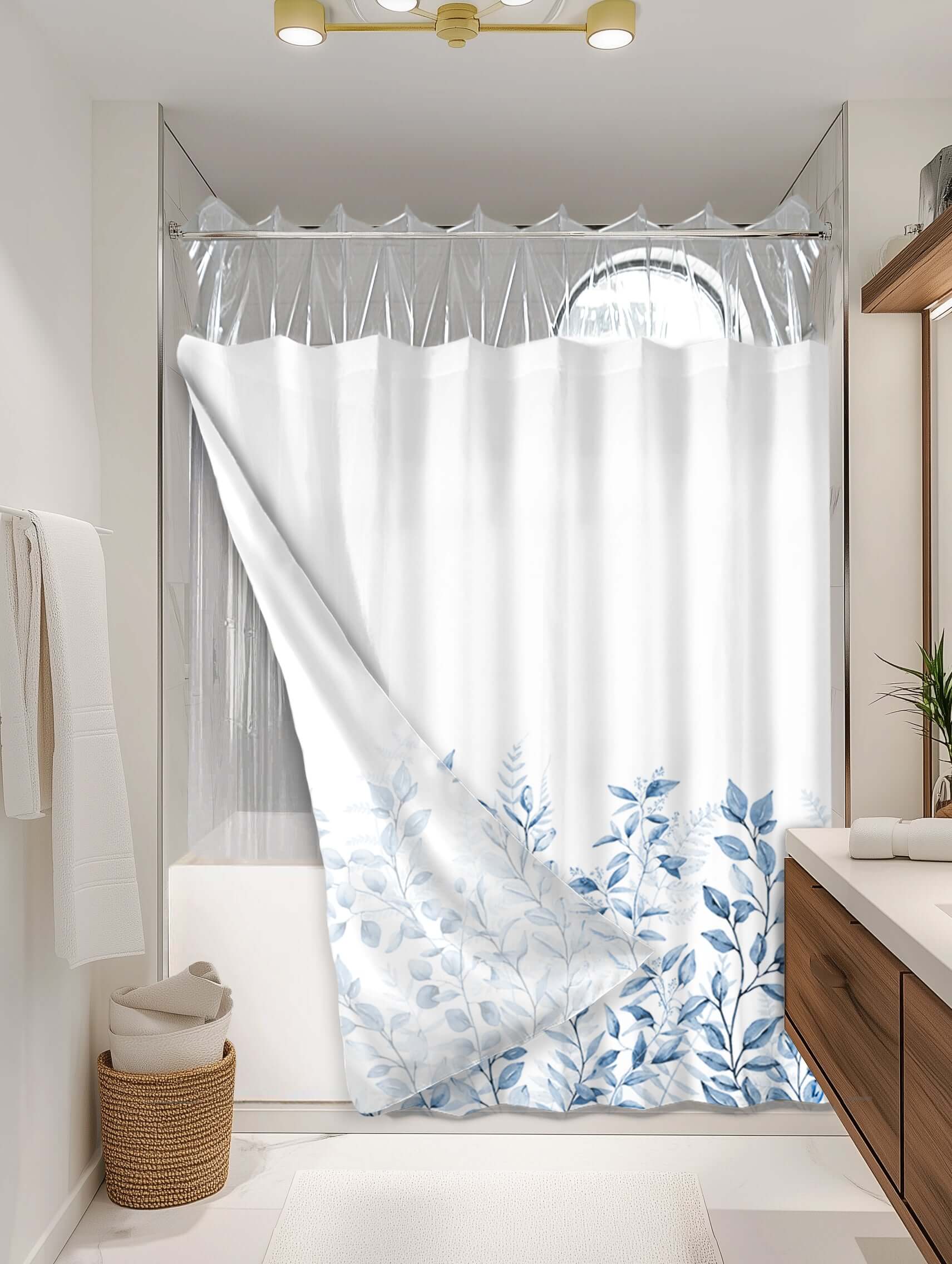 Botanical Blue outer shower curtain, semi coverage, on EXPANDY® clear expander — Outer SPACE® Curtain