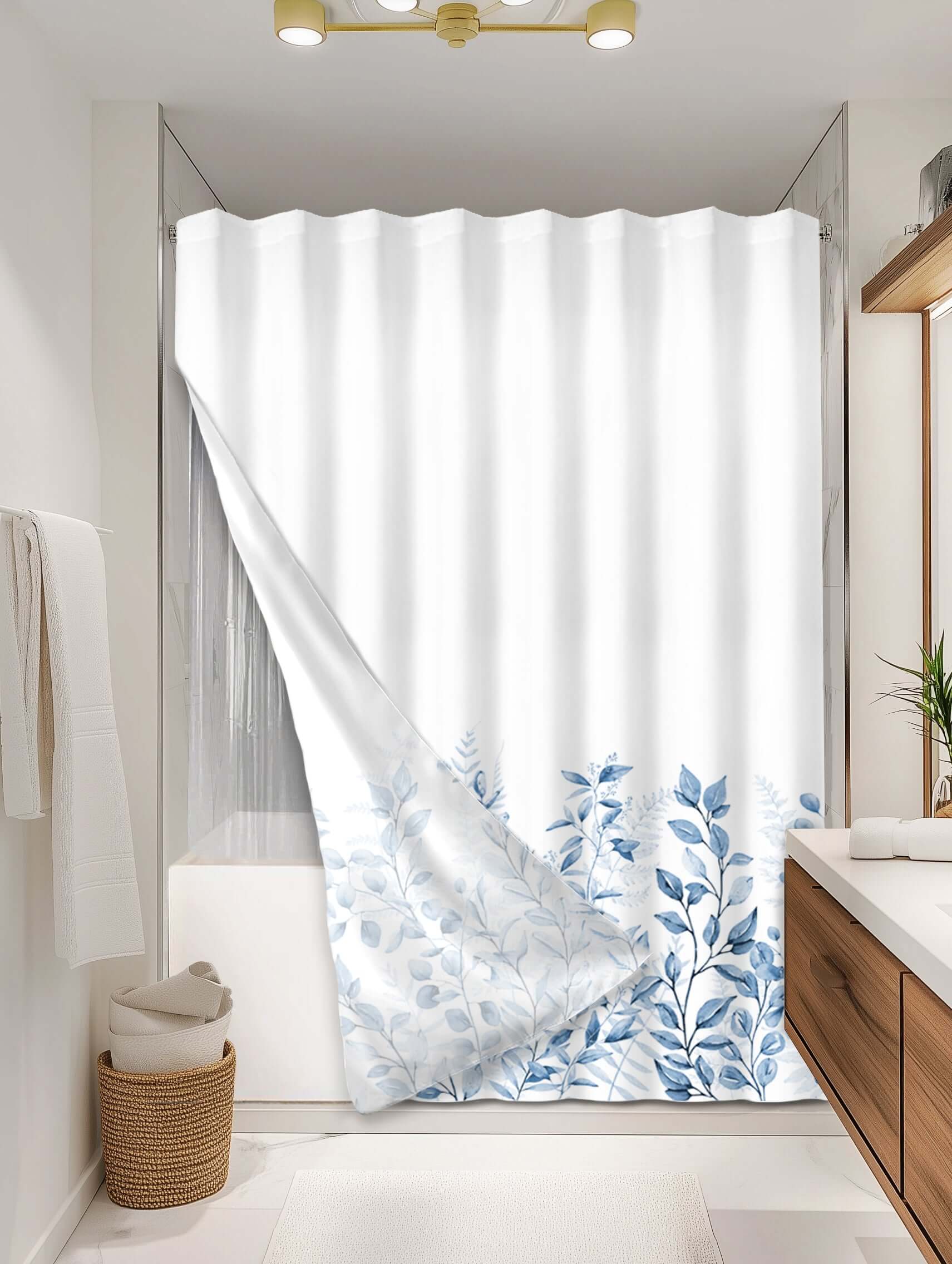 Botanical Blue outer shower curtain, full coverage, on EXPANDY® clear expander — Outer SPACE® Curtain