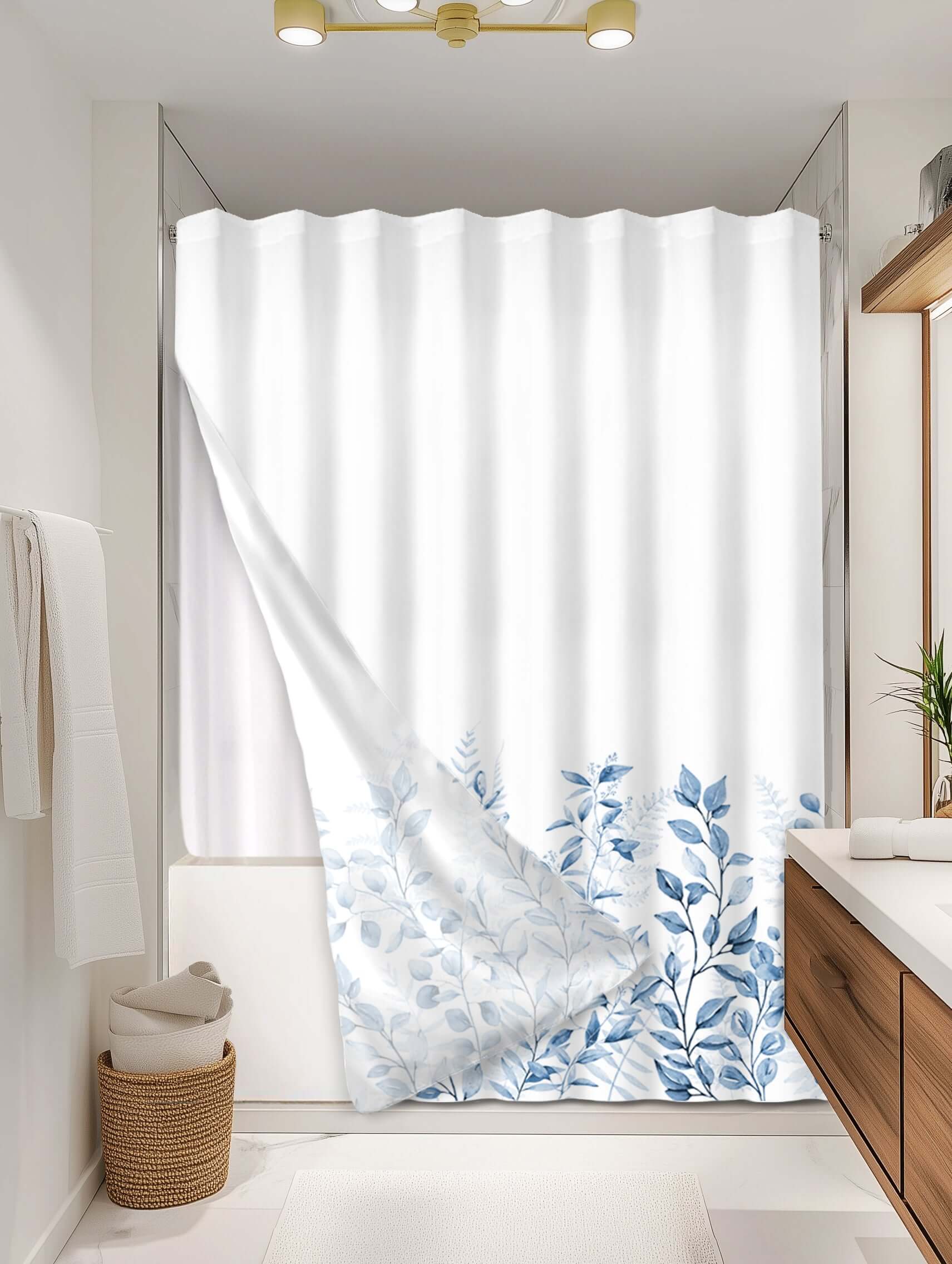Botanical Blue outer shower curtain, full coverage, on EXPANDY® white expander — Outer SPACE® Curtain