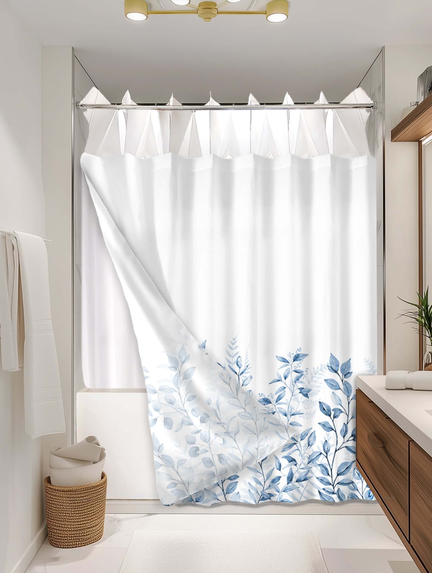 Botanical Blue outer shower curtain, semi coverage, on EXPANDY® white expander — Outer SPACE® Curtain