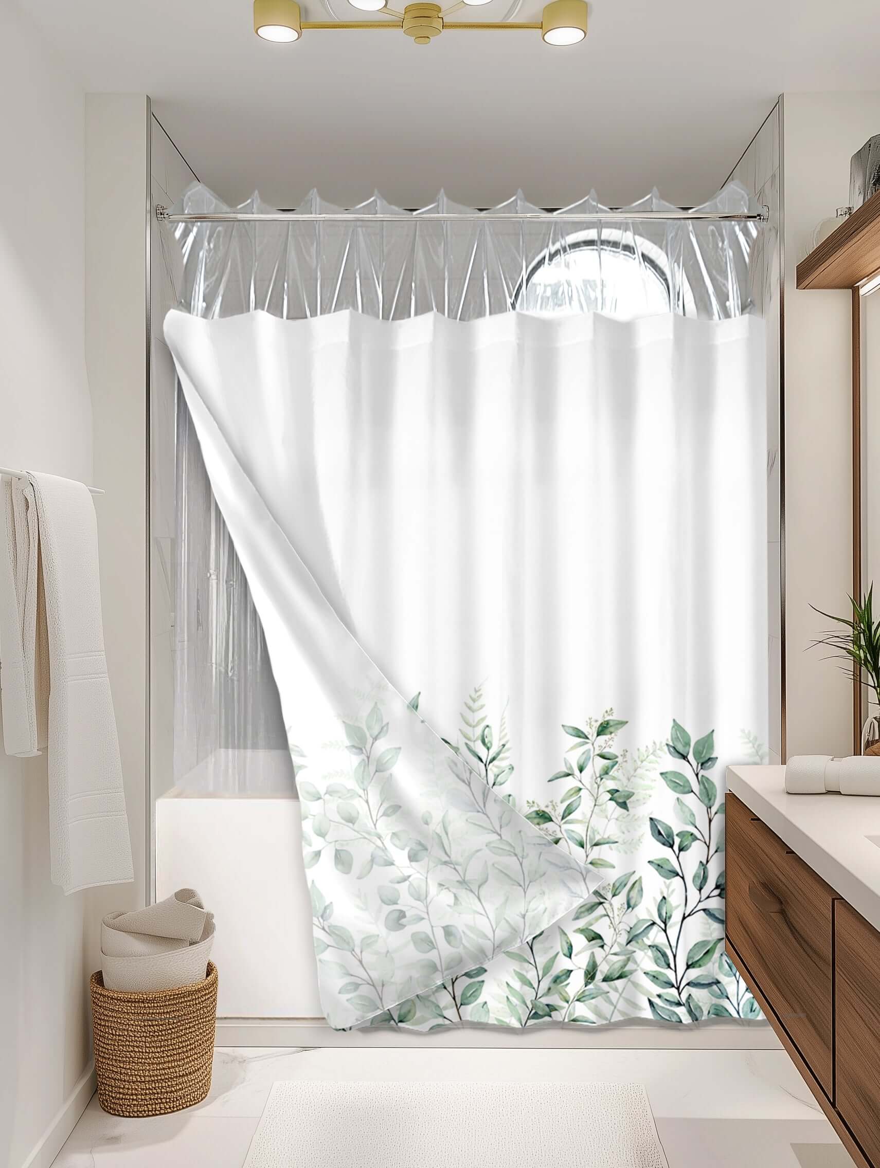 Botanical Green outer shower curtain, semi coverage, on EXPANDY® clear expander — Outer SPACE® Curtain