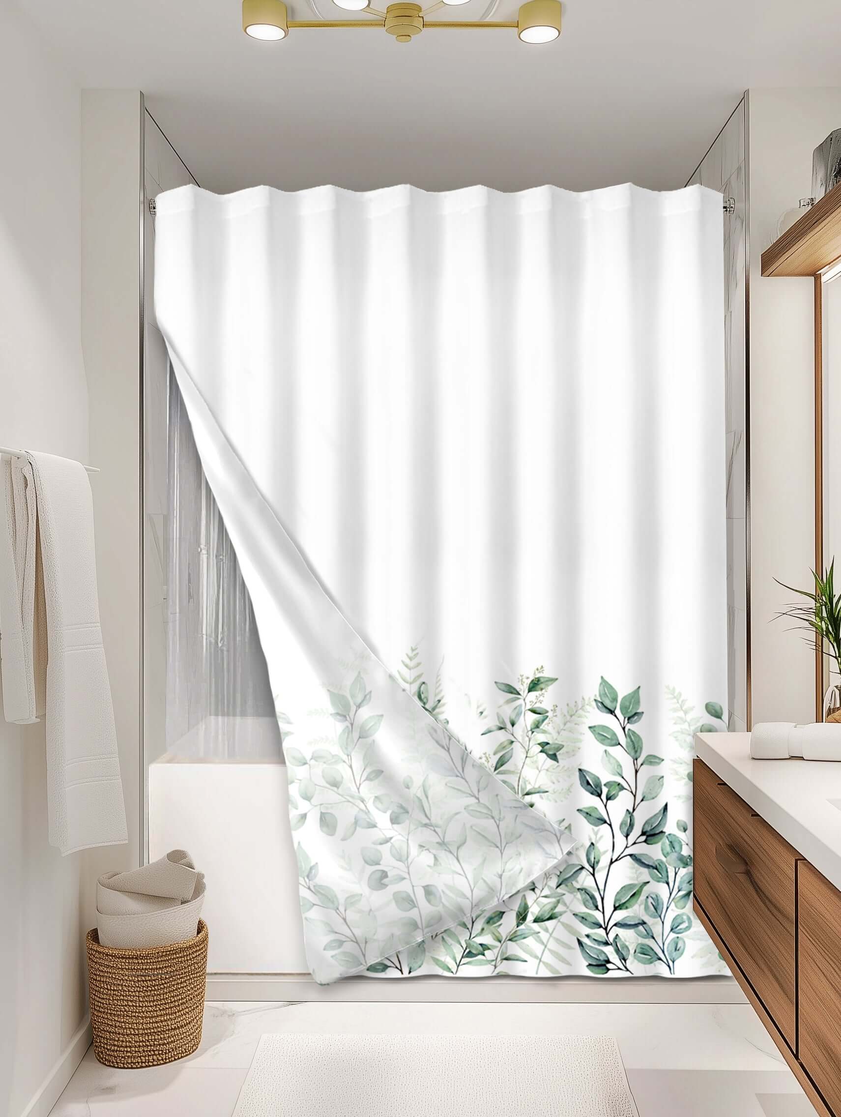 Botanical Green outer shower curtain, full coverage, on EXPANDY® clear expander — Outer SPACE® Curtain