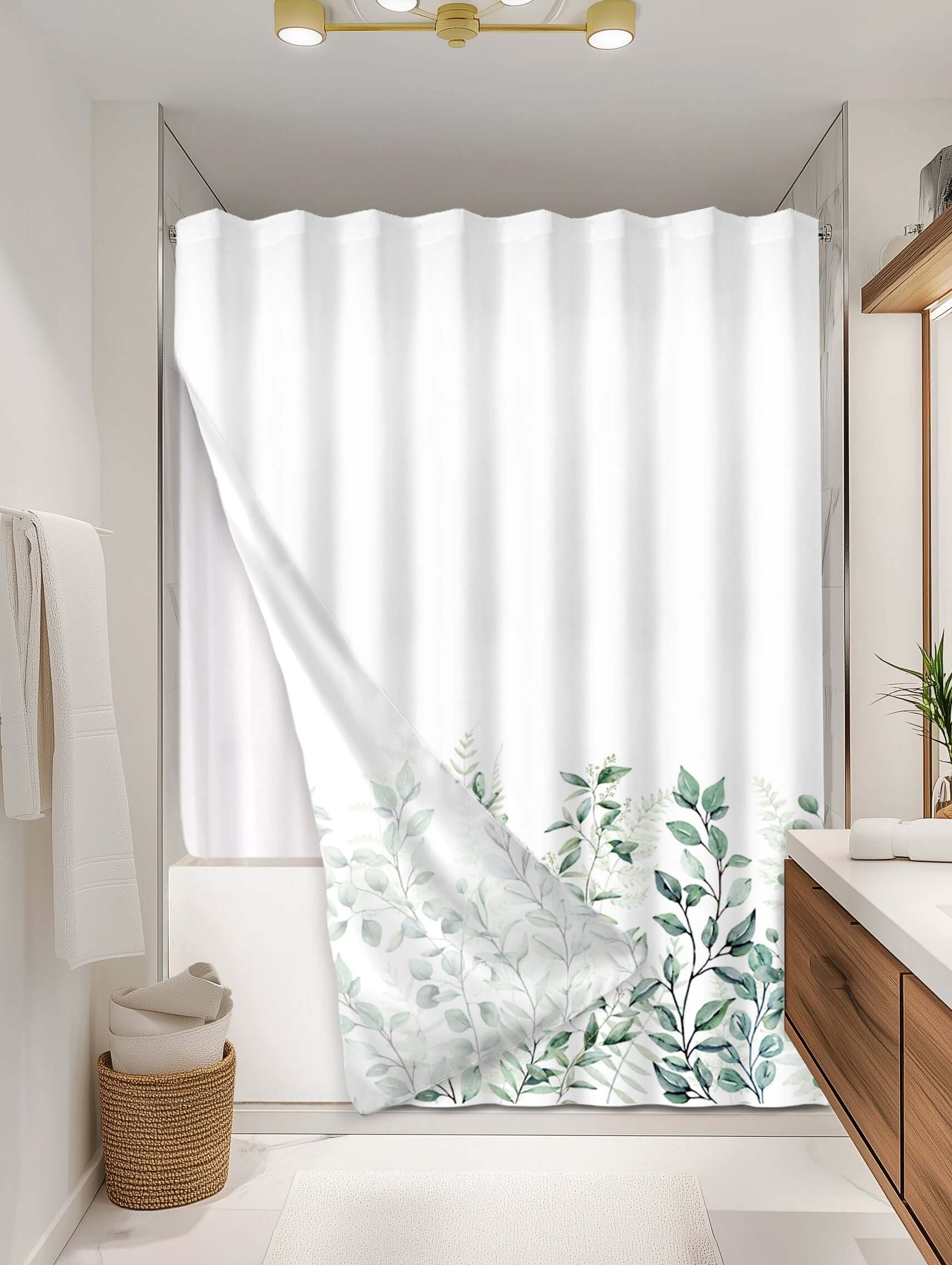 Botanical Green outer shower curtain, full coverage, on EXPANDY® white expander — Outer SPACE® Curtain