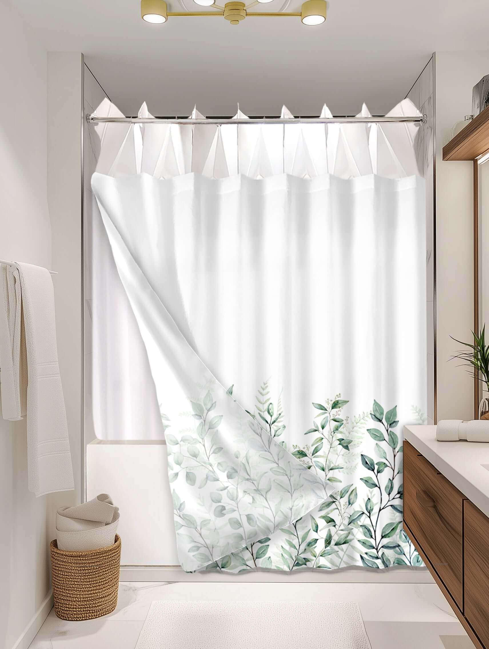 Botanical Green outer shower curtain, semi coverage, on EXPANDY® white expander — Outer SPACE® Curtain