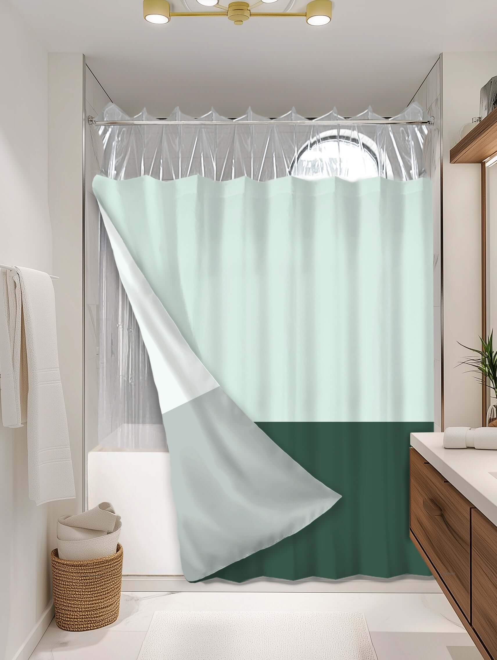 Block Green outer shower curtain, semi coverage, on EXPANDY® clear expander — Outer SPACE® Curtain