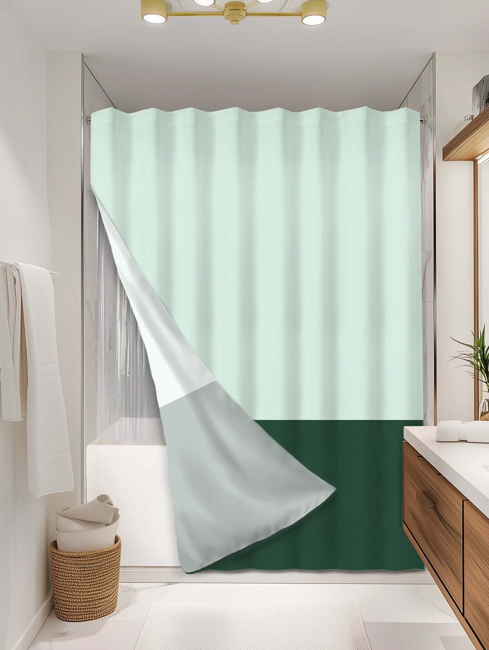 Block Green outer shower curtain, full coverage, on EXPANDY® clear expander — Outer SPACE® Curtain