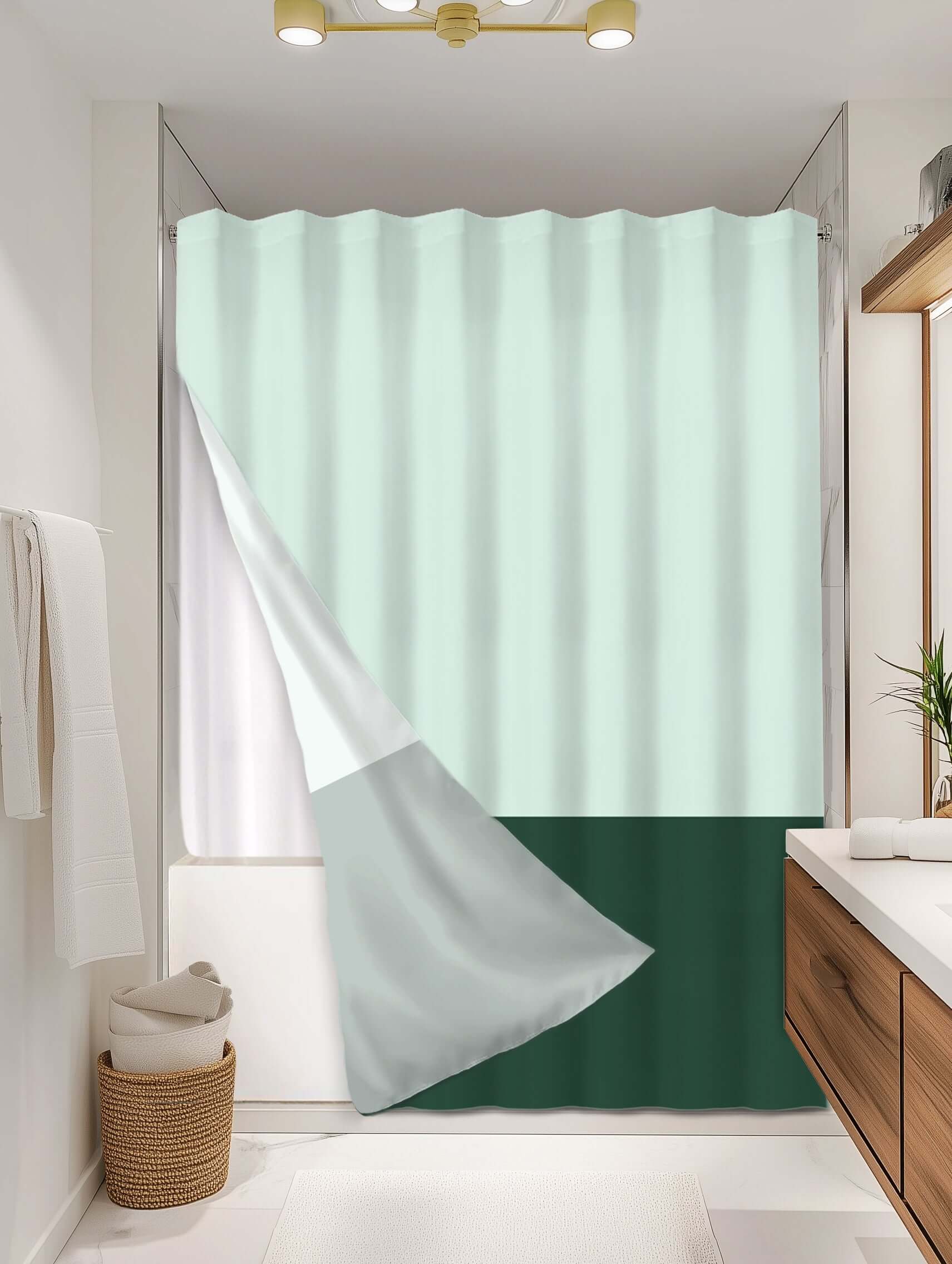 Block Green outer shower curtain, full coverage, on EXPANDY® white expander — Outer SPACE® Curtain