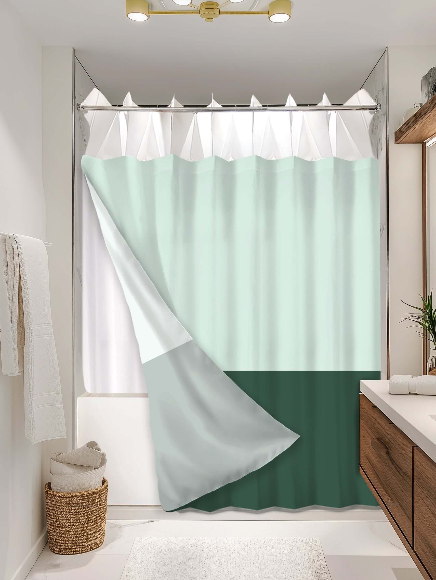 Block Green outer shower curtain, semi coverage, on EXPANDY® white expander — Outer SPACE® Curtain