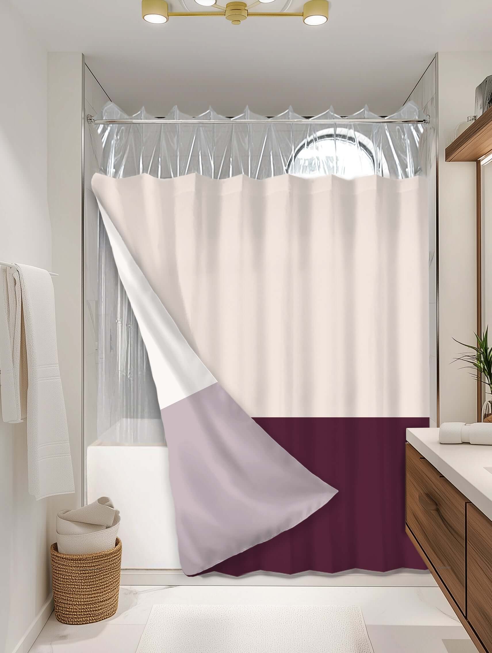 Block Burgundy outer shower curtain, semi coverage, on EXPANDY® clear expander — Outer SPACE® Curtain