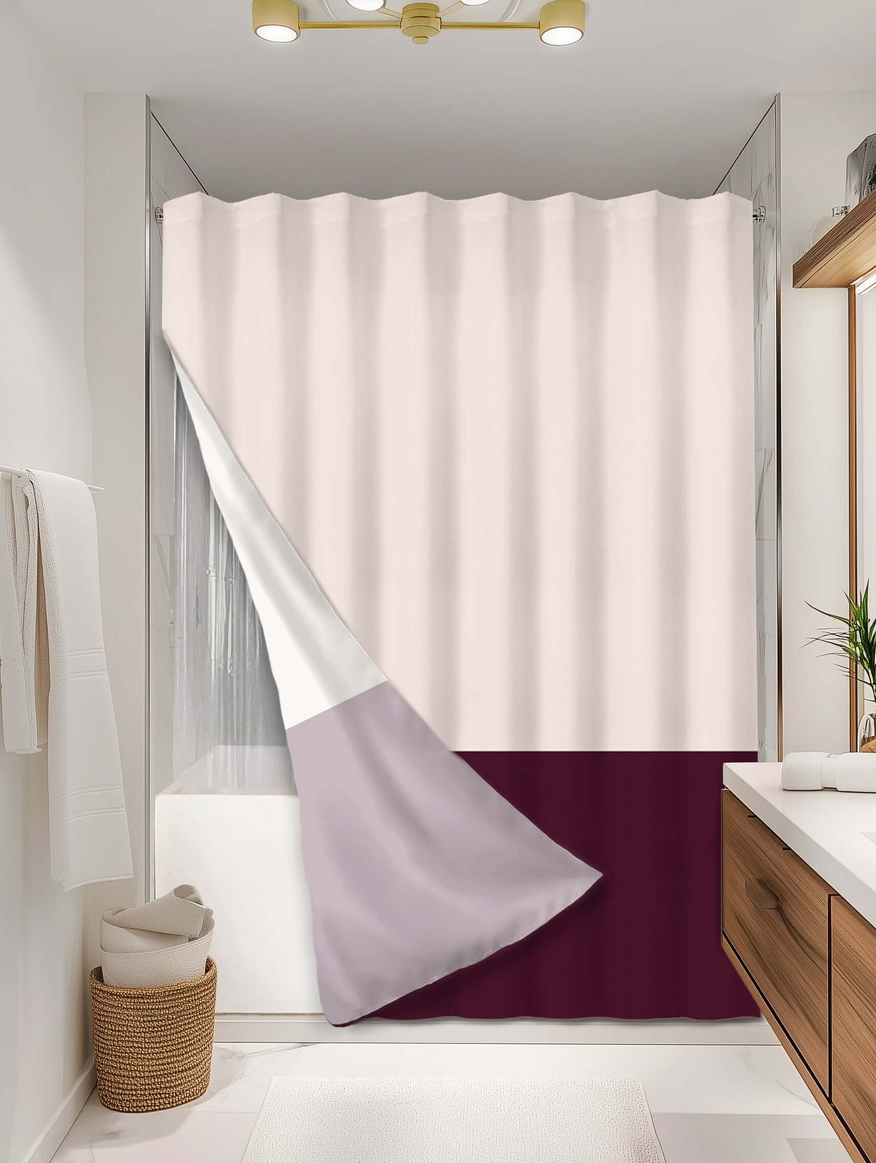 Block Burgundy outer shower curtain, full coverage, on EXPANDY® clear expander — Outer SPACE® Curtain
