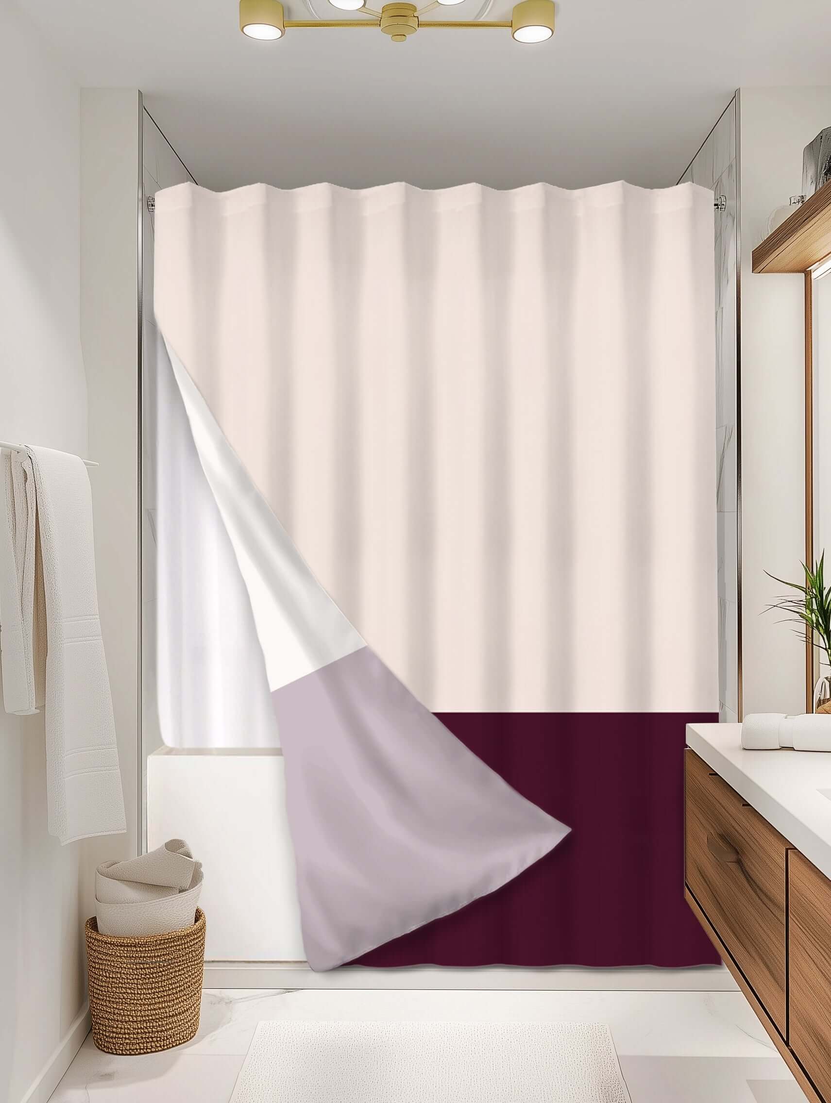 Block Burgundy outer shower curtain, full coverage, on EXPANDY® white expander — Outer SPACE® Curtain
