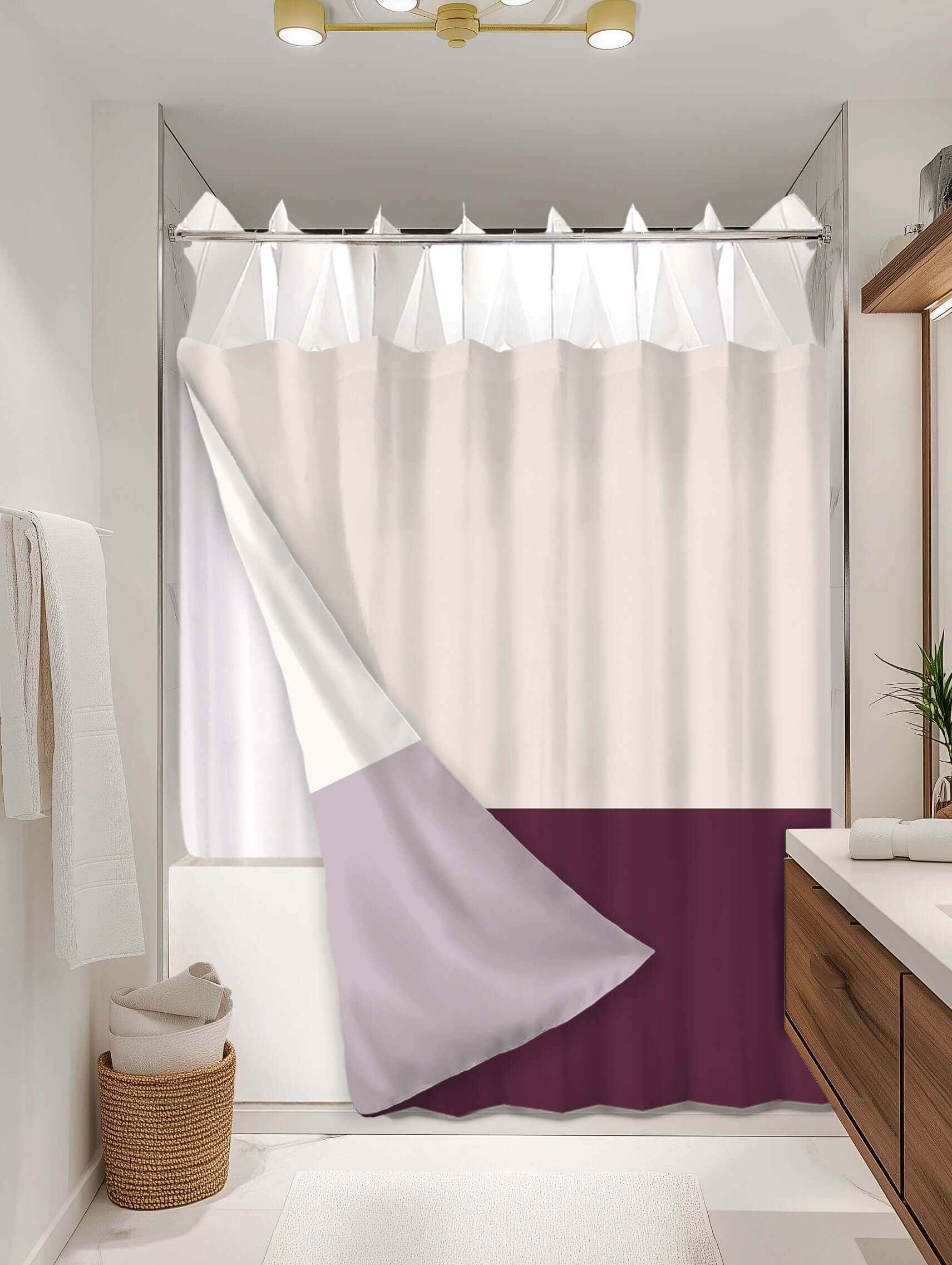 Block Burgundy outer shower curtain, semi coverage, on EXPANDY® white expander — Outer SPACE® Curtain