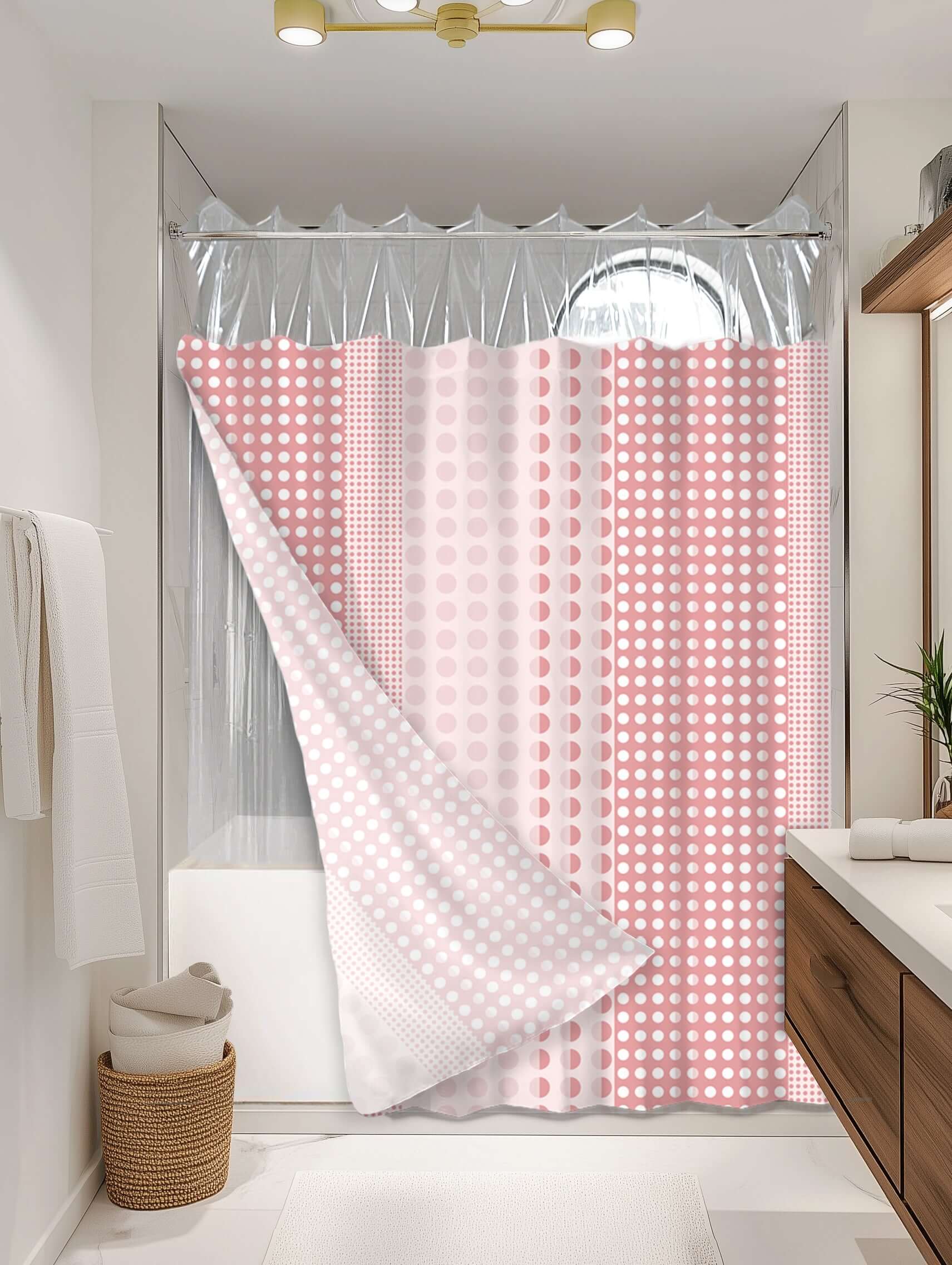 Dotted Peach outer shower curtain, semi coverage, on EXPANDY® clear expander — Outer SPACE® Curtain
