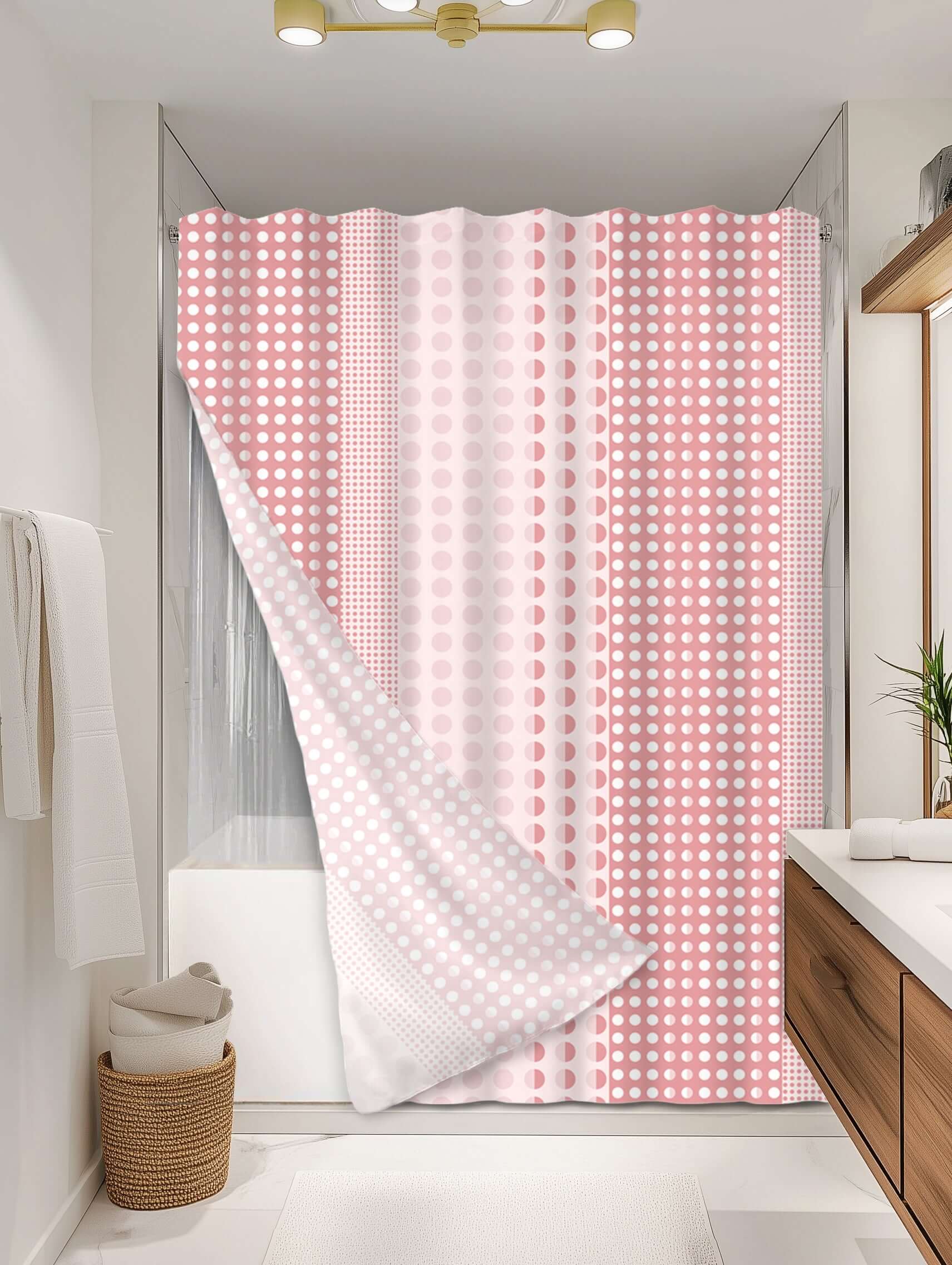 Dotted Peach outer shower curtain, full coverage, on EXPANDY® clear expander — Outer SPACE® Curtain