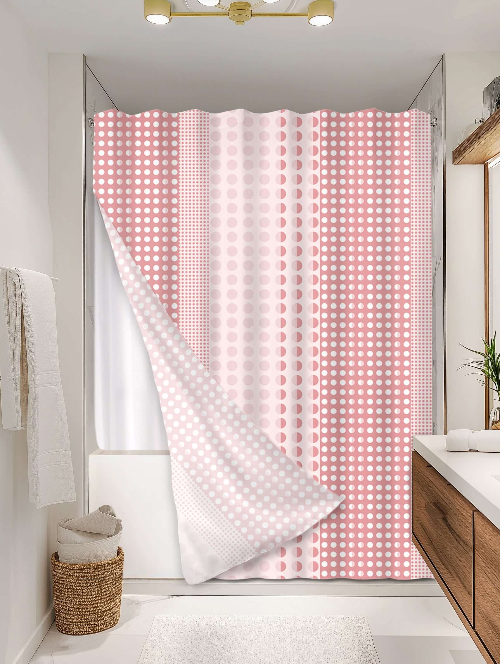 Dotted Peach outer shower curtain, full coverage, on EXPANDY® white expander — Outer SPACE® Curtain