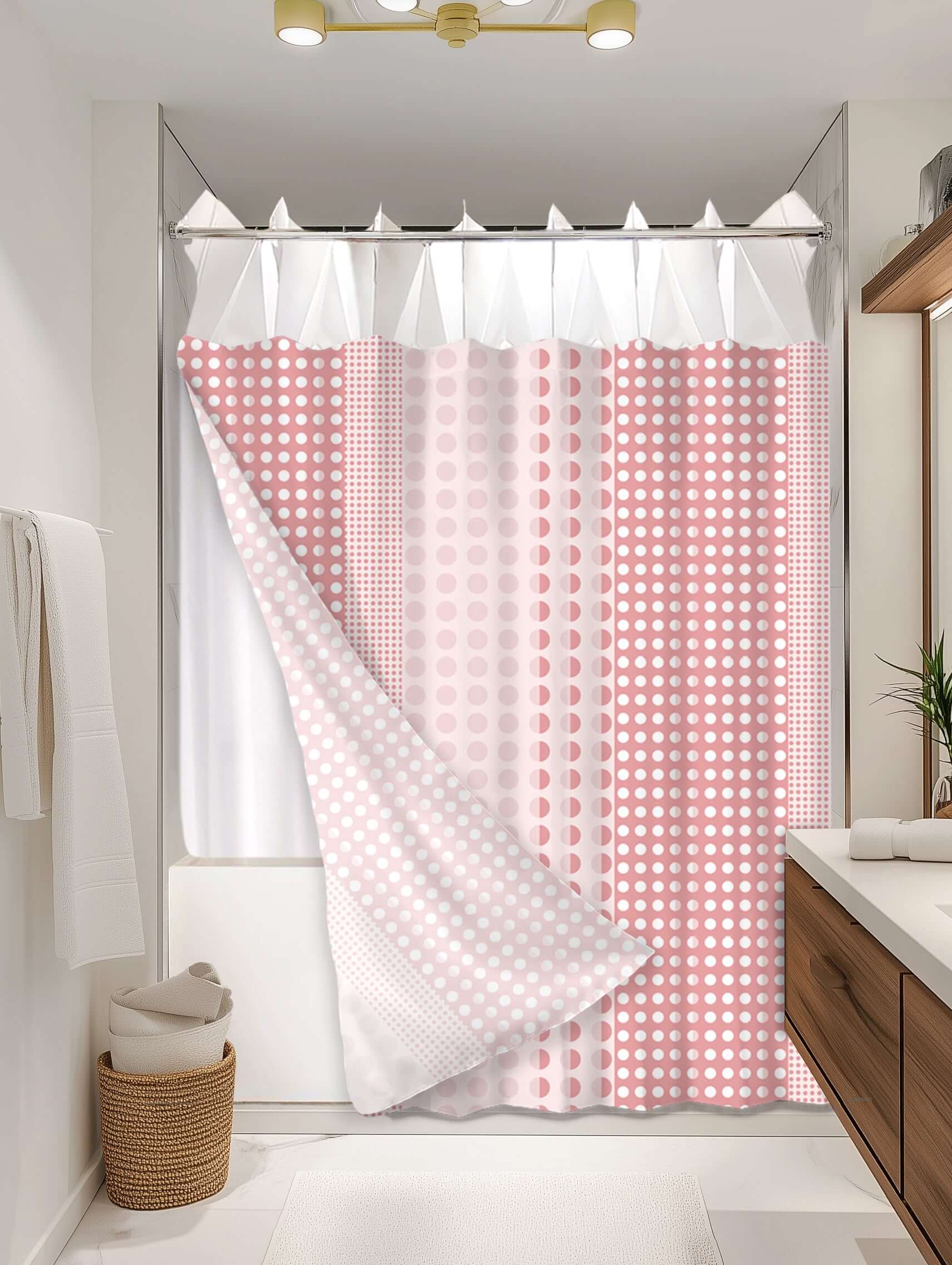Dotted Peach outer shower curtain, semi coverage, on EXPANDY® white expander — Outer SPACE® Curtain