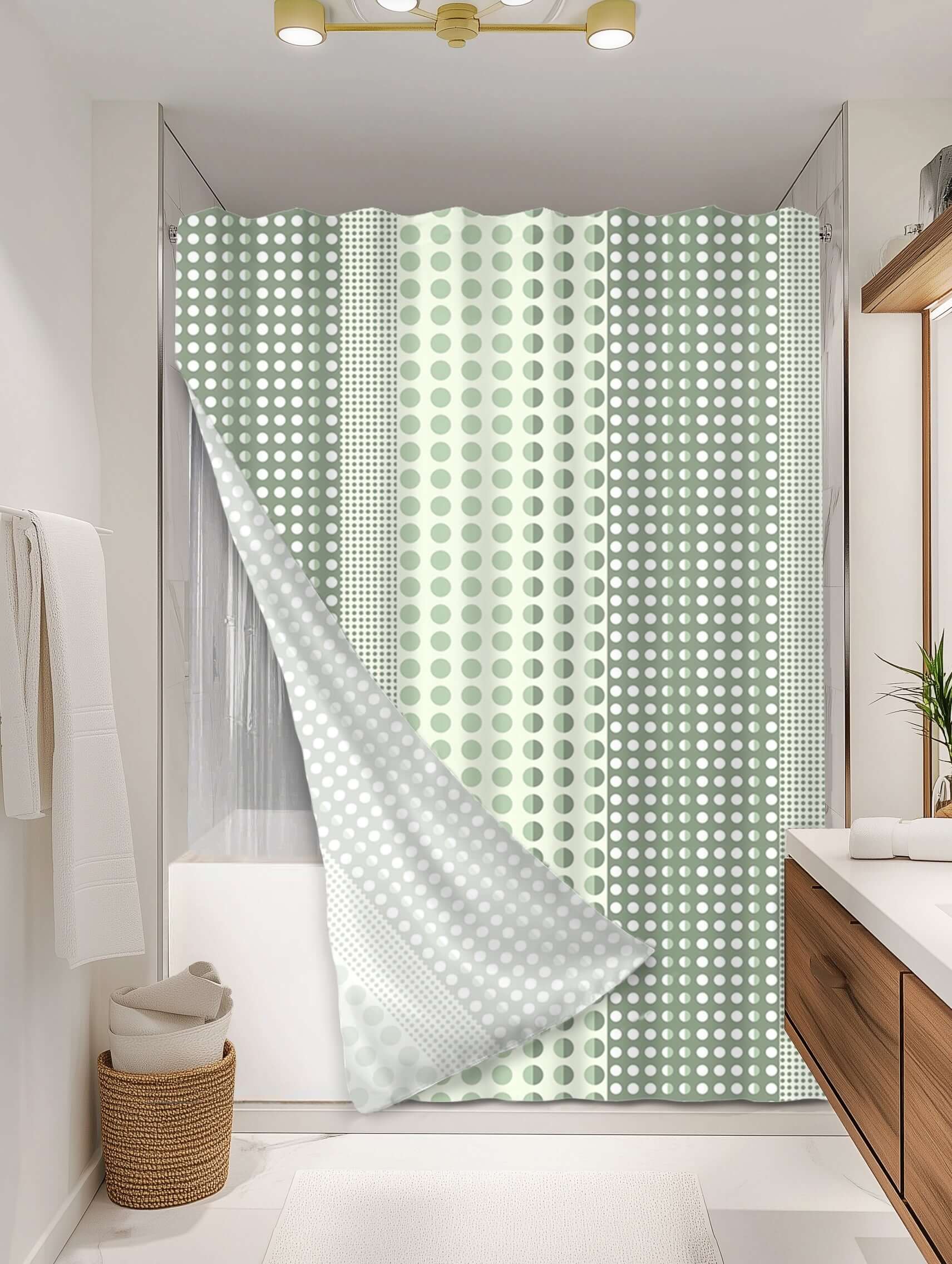 Dotted Sage outer shower curtain, full coverage, on EXPANDY® clear expander — Outer SPACE® Curtain
