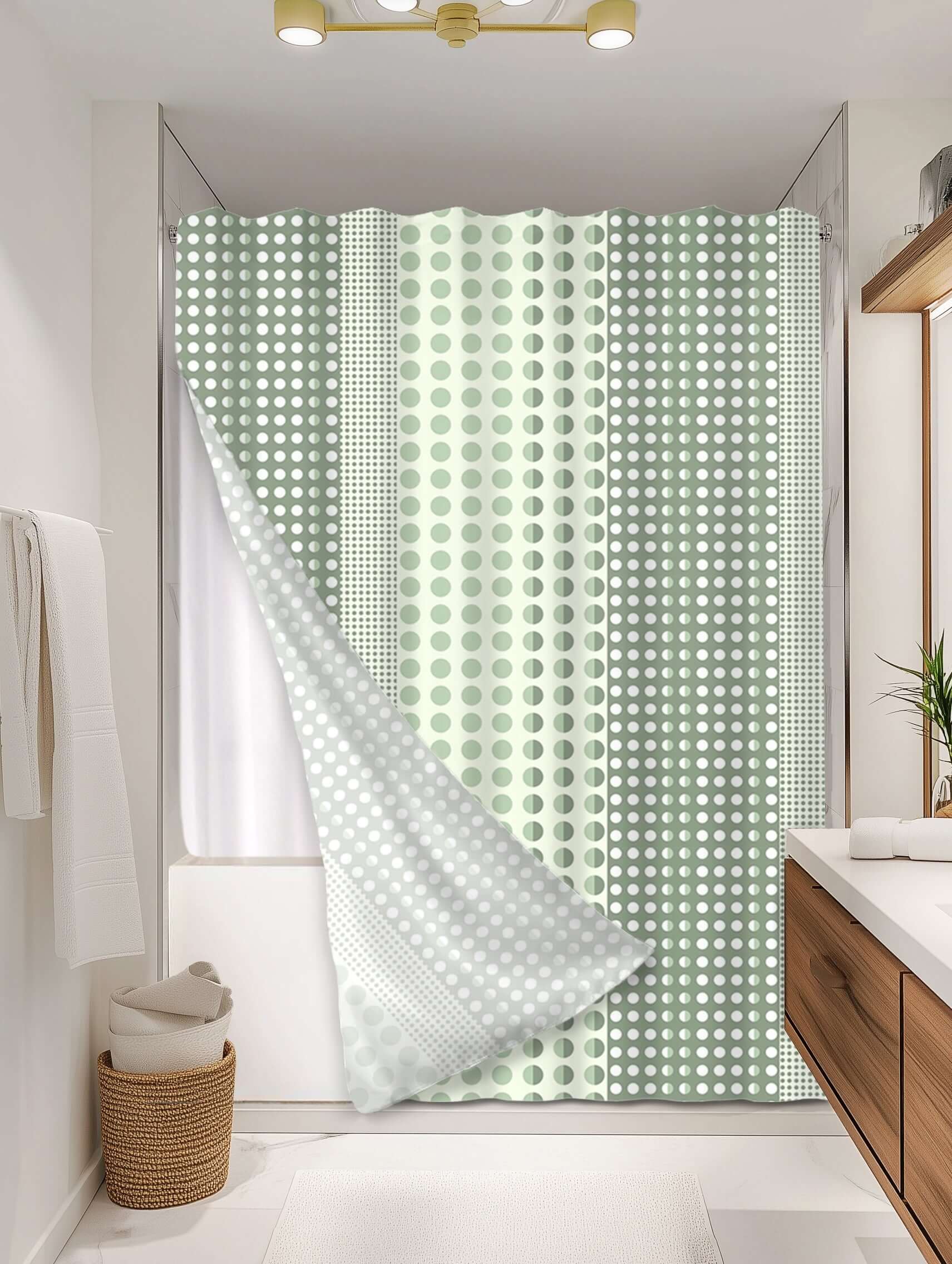 Dotted Sage outer shower curtain, full coverage, on EXPANDY® white expander — Outer SPACE® Curtain