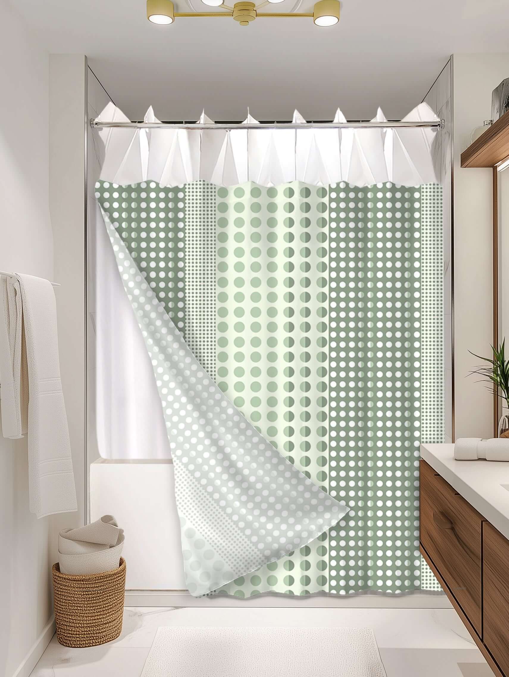 Dotted Sage outer shower curtain, semi coverage, on EXPANDY® white expander — Outer SPACE® Curtain
