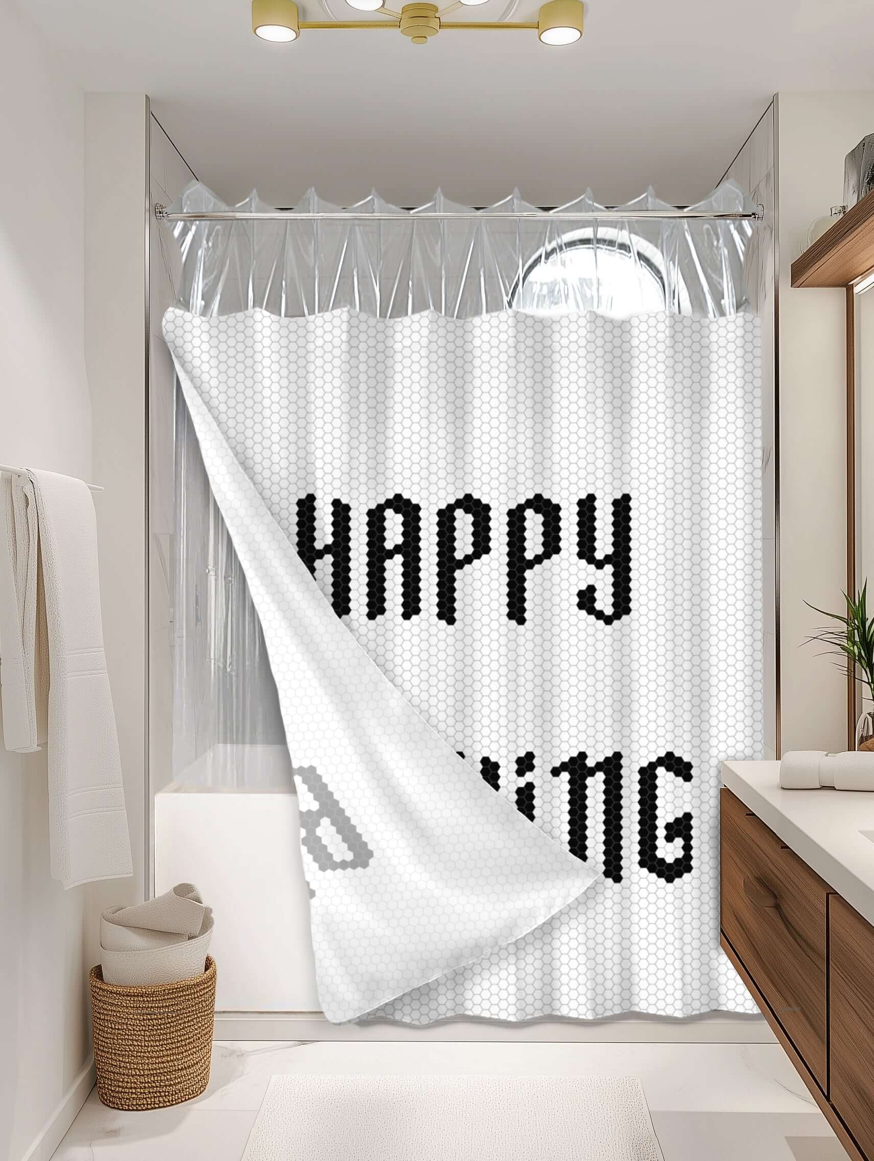 Happy Bathing outer shower curtain, semi coverage, on EXPANDY® clear expander — Outer SPACE® Curtain
