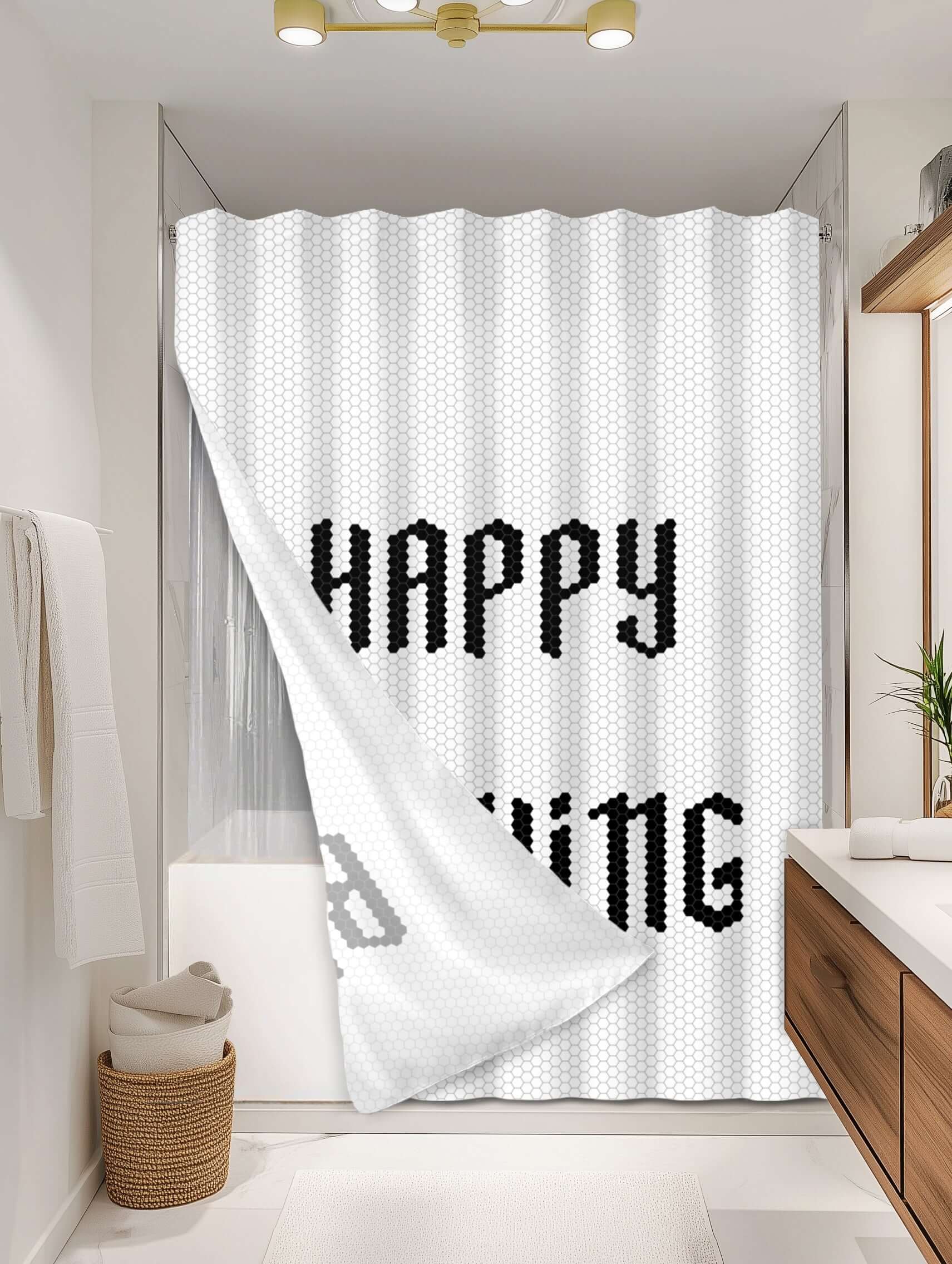 Happy Bathing outer shower curtain, full coverage, on EXPANDY® clear expander — Outer SPACE® Curtain