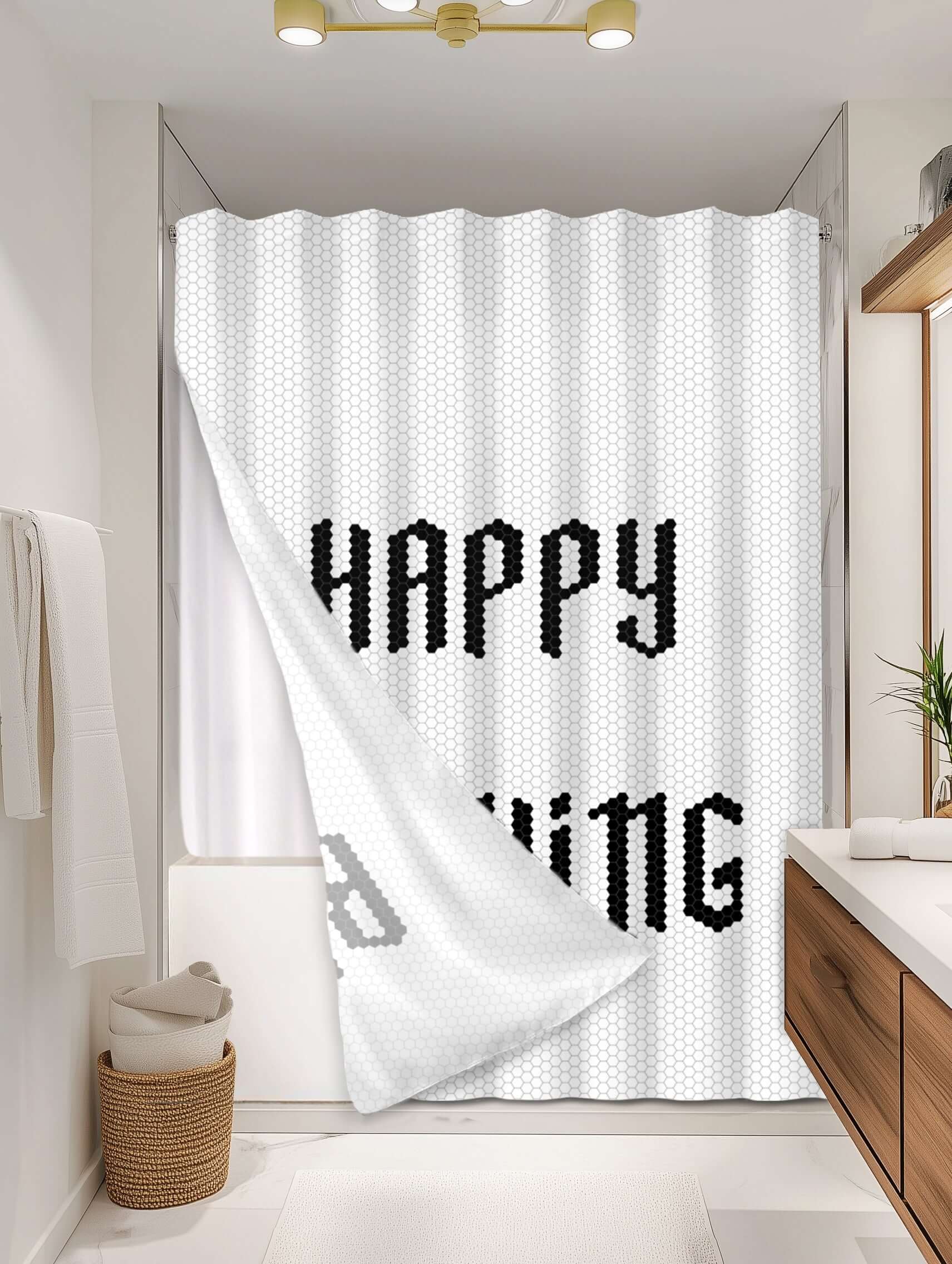 Happy Bathing outer shower curtain, full coverage, on EXPANDY® white expander — Outer SPACE® Curtain