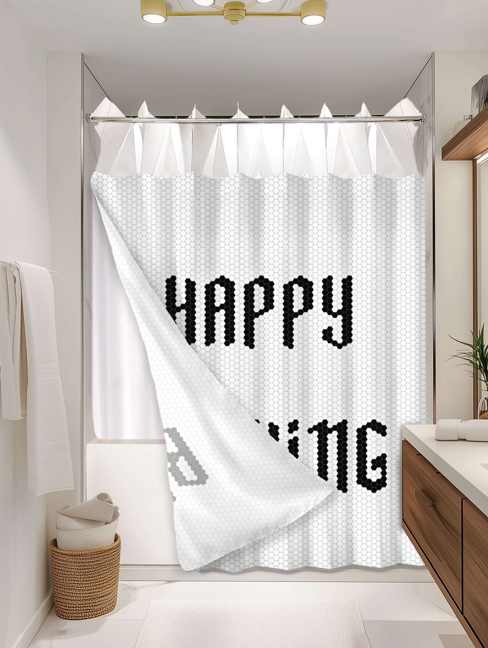 Happy Bathing outer shower curtain, semi coverage, on EXPANDY® white expander — Outer SPACE® Curtain