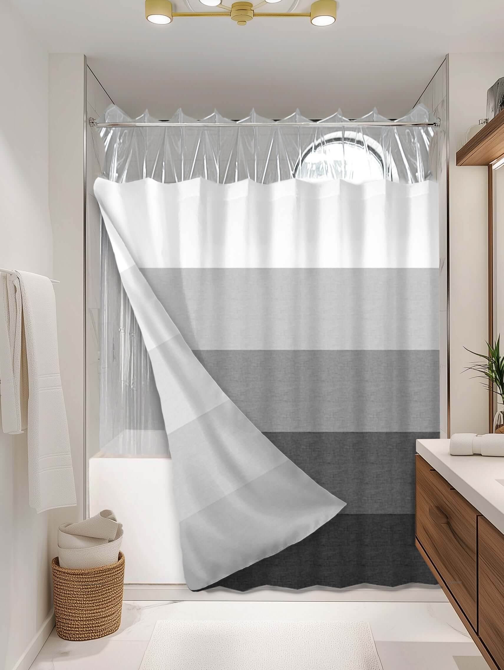 Ombre Charcoal outer shower curtain, semi coverage, on EXPANDY® clear expander — Outer SPACE® Curtain