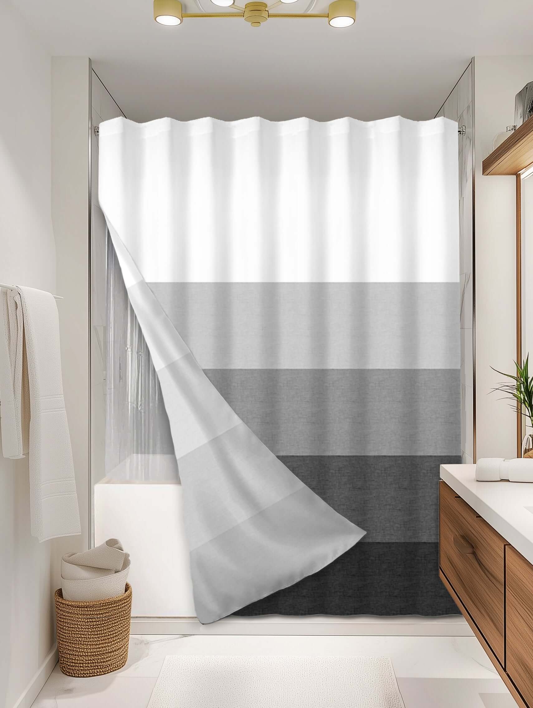 Ombre Charcoal outer shower curtain, full coverage, on EXPANDY® clear expander — Outer SPACE® Curtain
