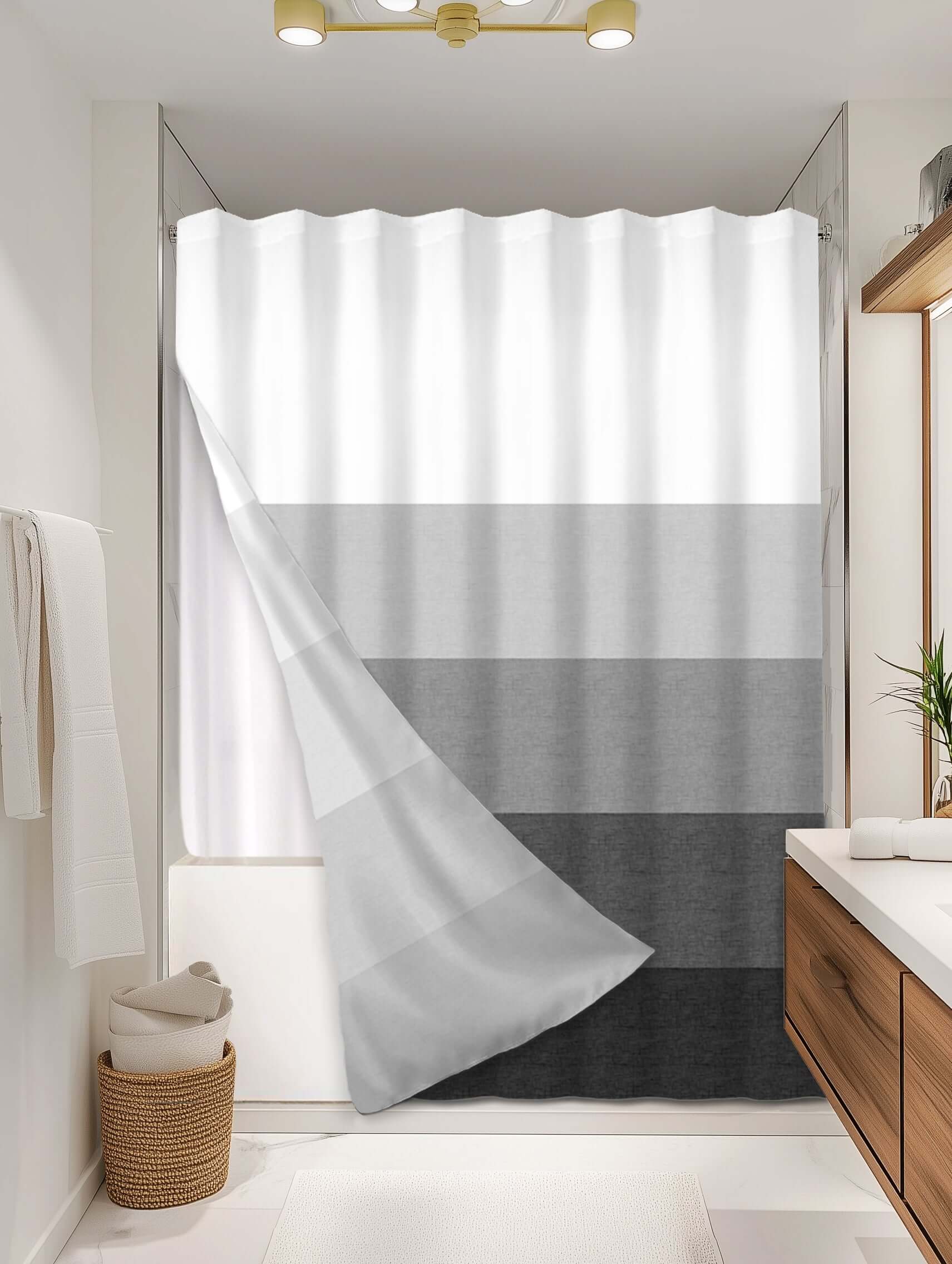 Ombre Charcoal outer shower curtain, full coverage, on EXPANDY® white expander — Outer SPACE® Curtain