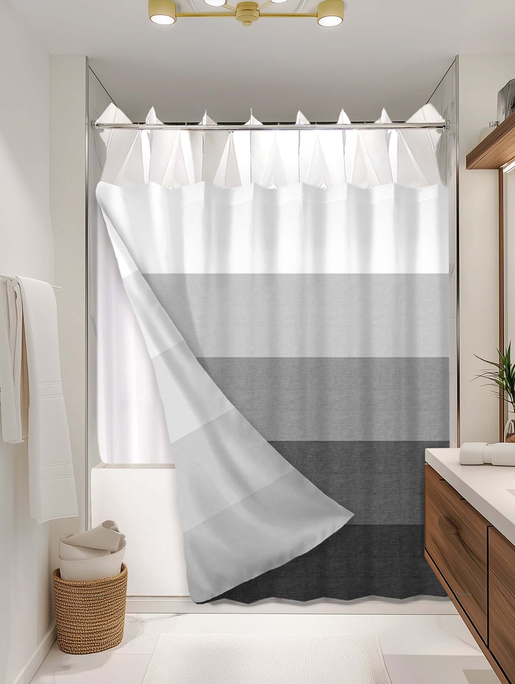 Ombre Charcoal outer shower curtain, semi coverage, on EXPANDY® white expander — Outer SPACE® Curtain