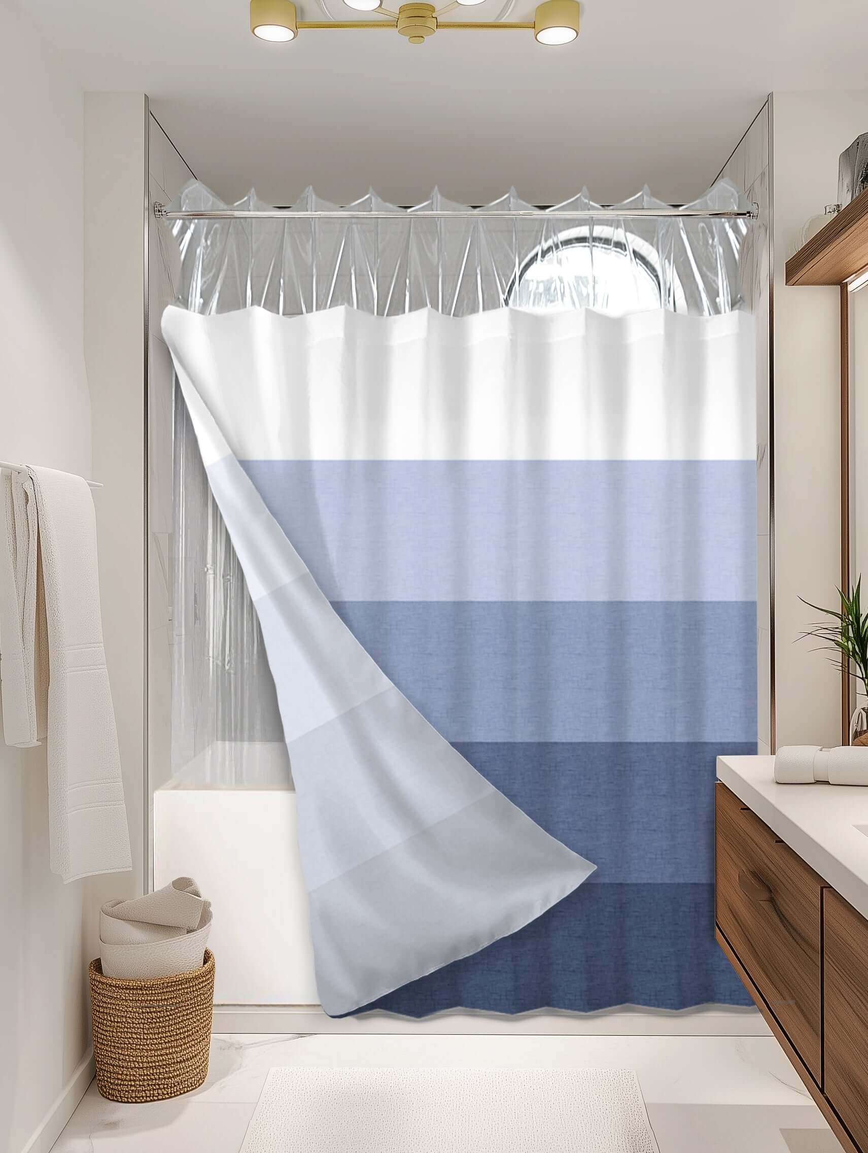 Ombre Blue outer shower curtain, semi coverage, on EXPANDY® clear expander — Outer SPACE® Curtain