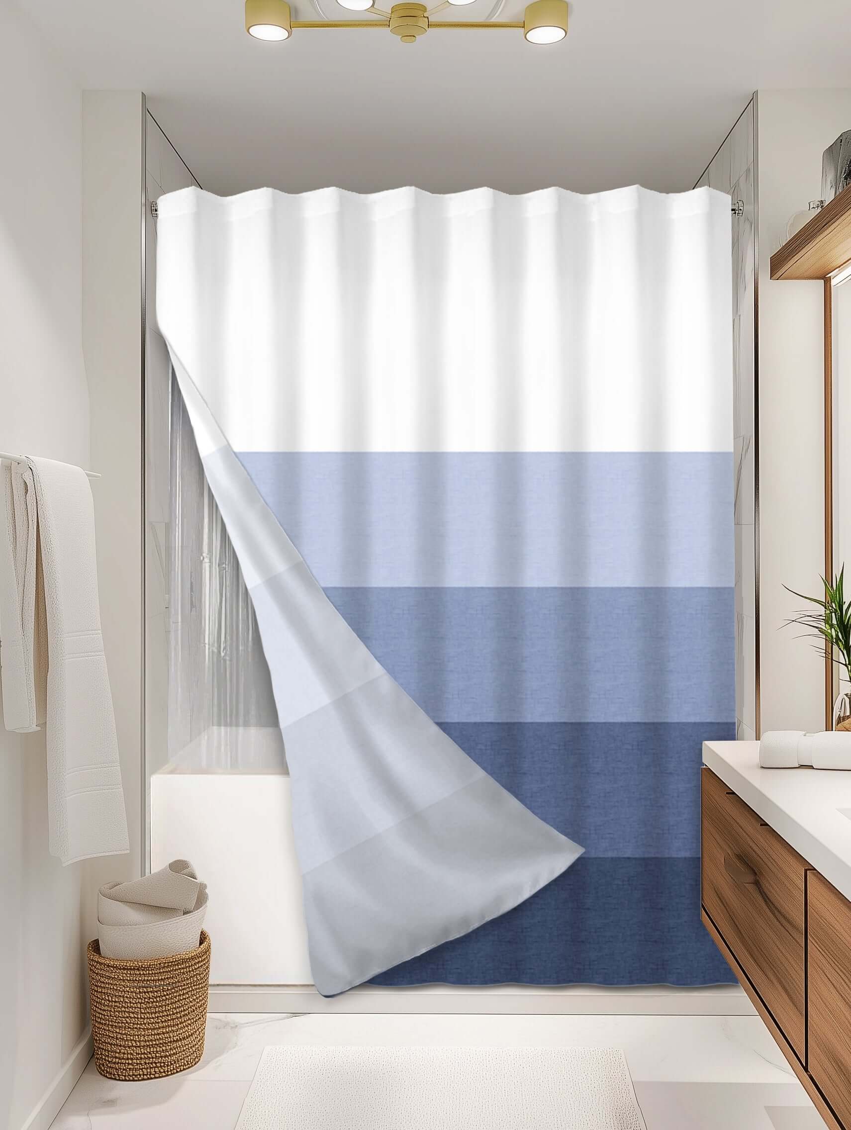 Ombre Blue outer shower curtain, full coverage, on EXPANDY® clear expander — Outer SPACE® Curtain