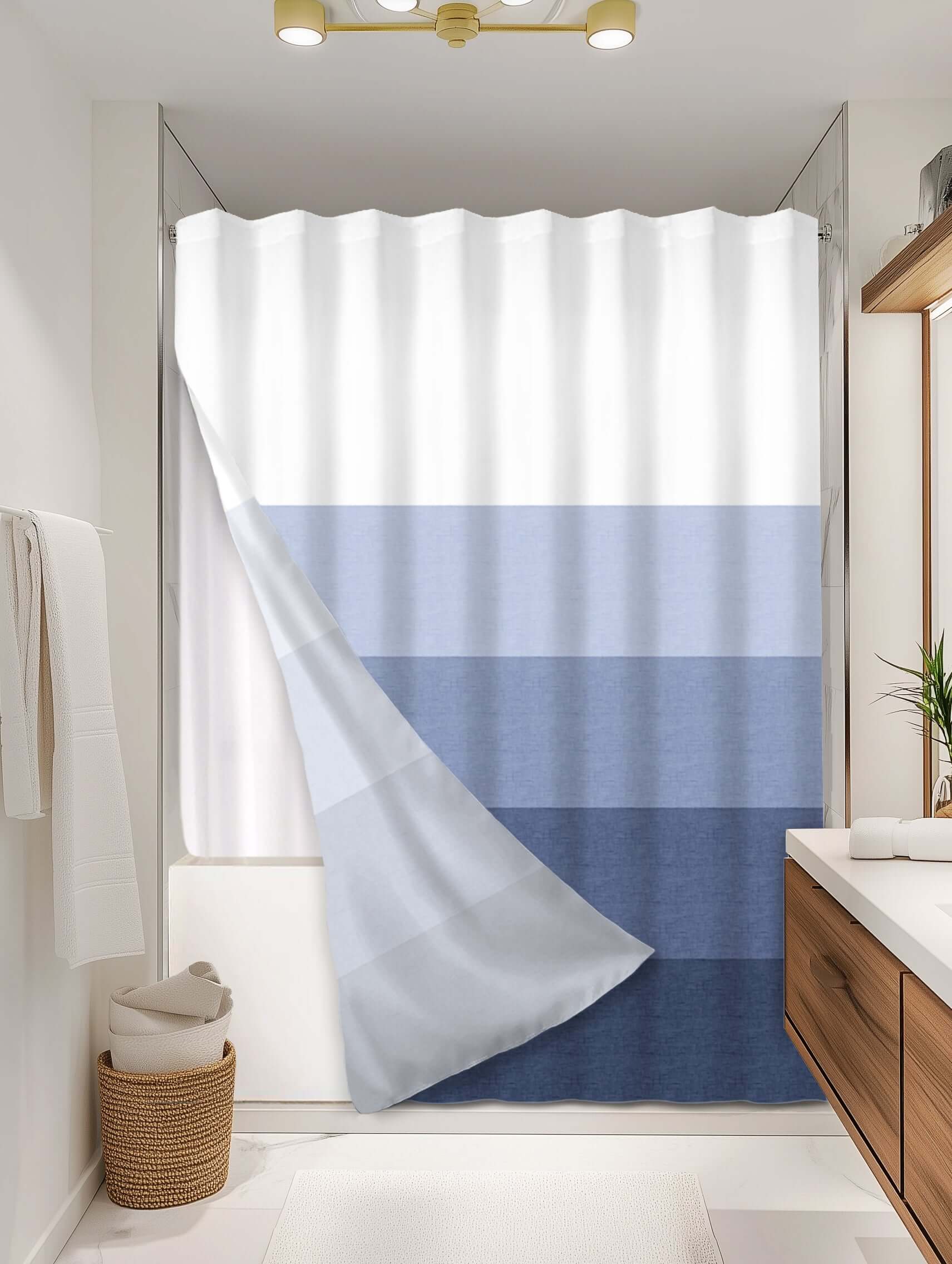 Ombre Blue outer shower curtain, full coverage, on EXPANDY® white expander — Outer SPACE® Curtain