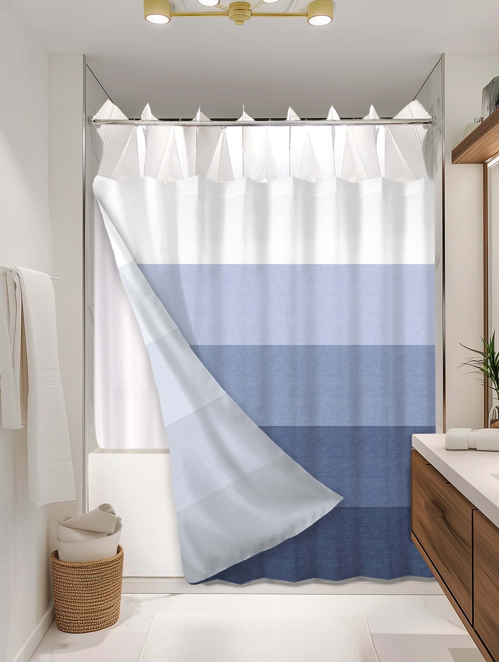 Ombre Blue outer shower curtain, semi coverage, on EXPANDY® white expander — Outer SPACE® Curtain