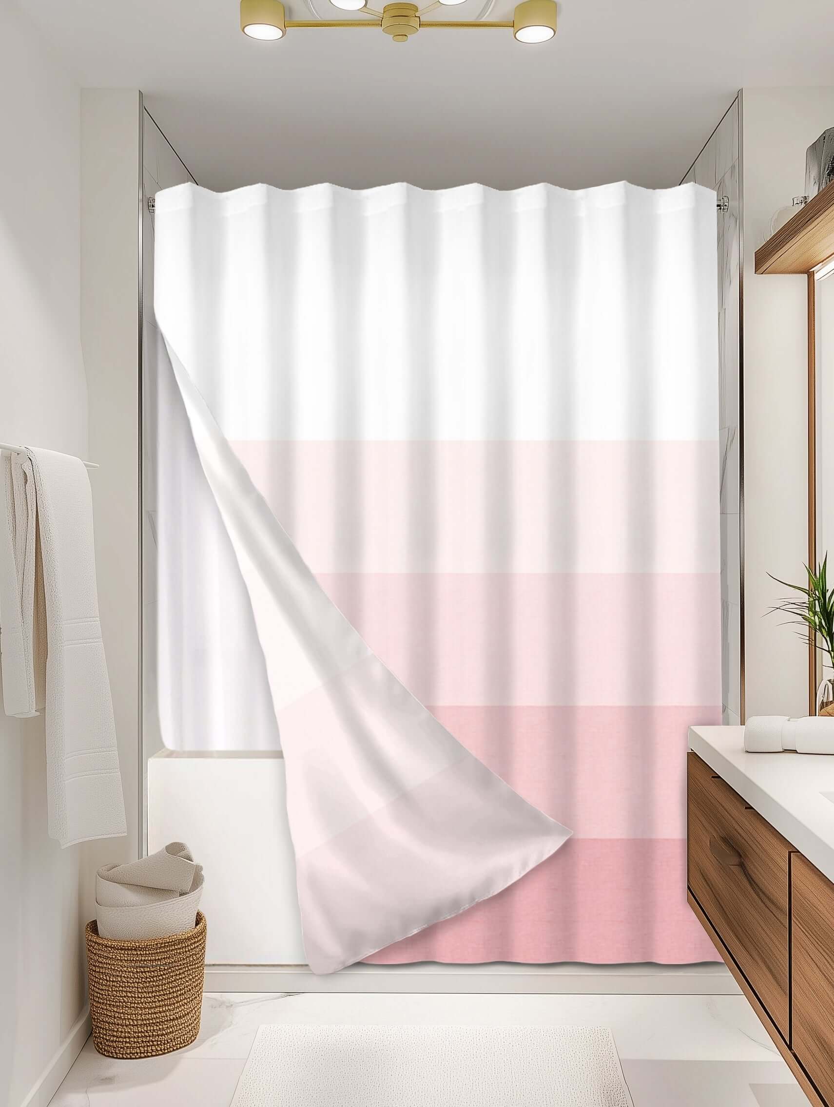 Ombre Peach outer shower curtain, full coverage, on EXPANDY® white expander — Outer SPACE® Curtain