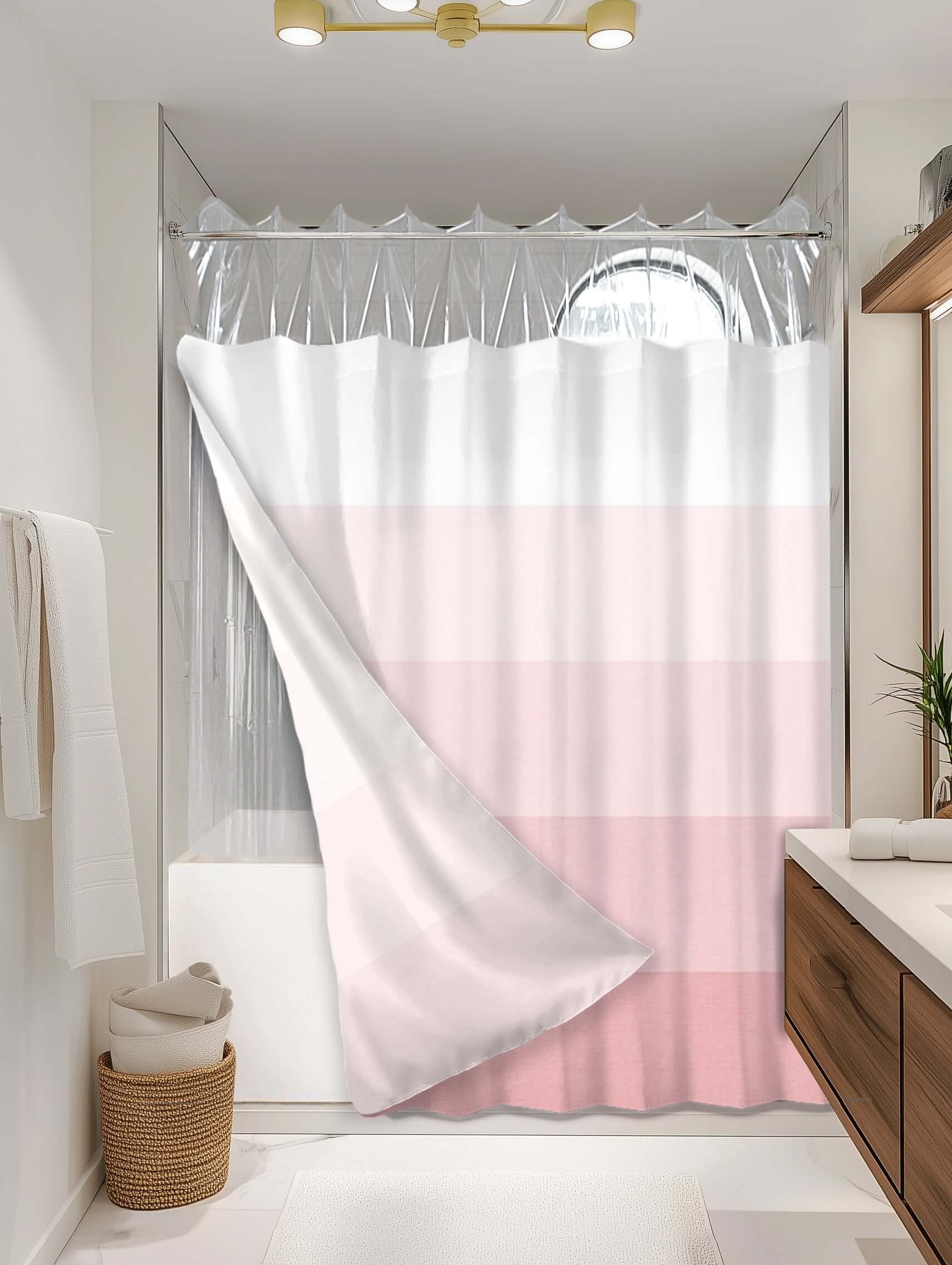 Ombre Peach outer shower curtain, semi coverage, on EXPANDY® clear expander — Outer SPACE® Curtain