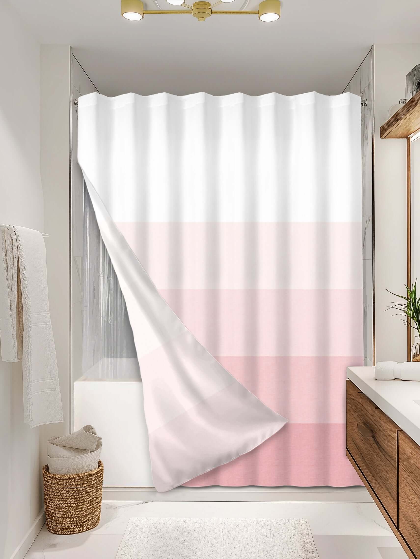 Ombre Peach outer shower curtain, full coverage, on EXPANDY® clear expander — Outer SPACE® Curtain
