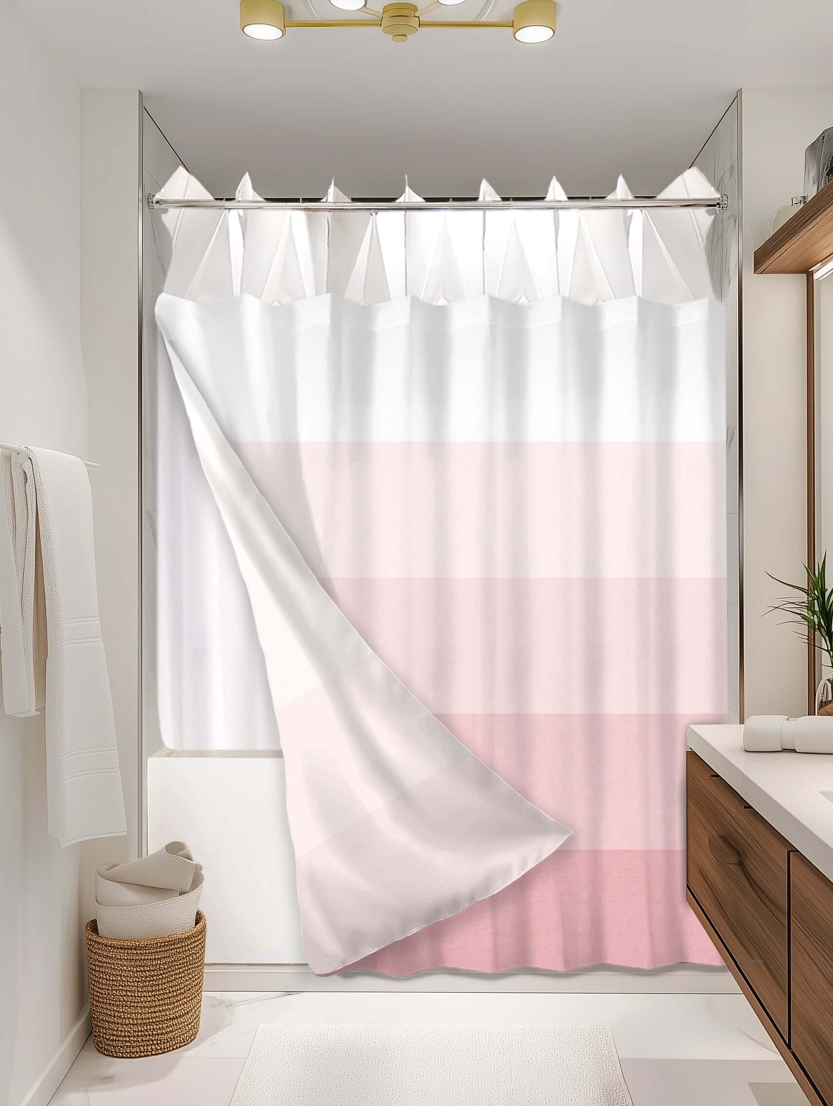 Ombre Peach outer shower curtain, semi coverage, on EXPANDY® white expander — Outer SPACE® Curtain