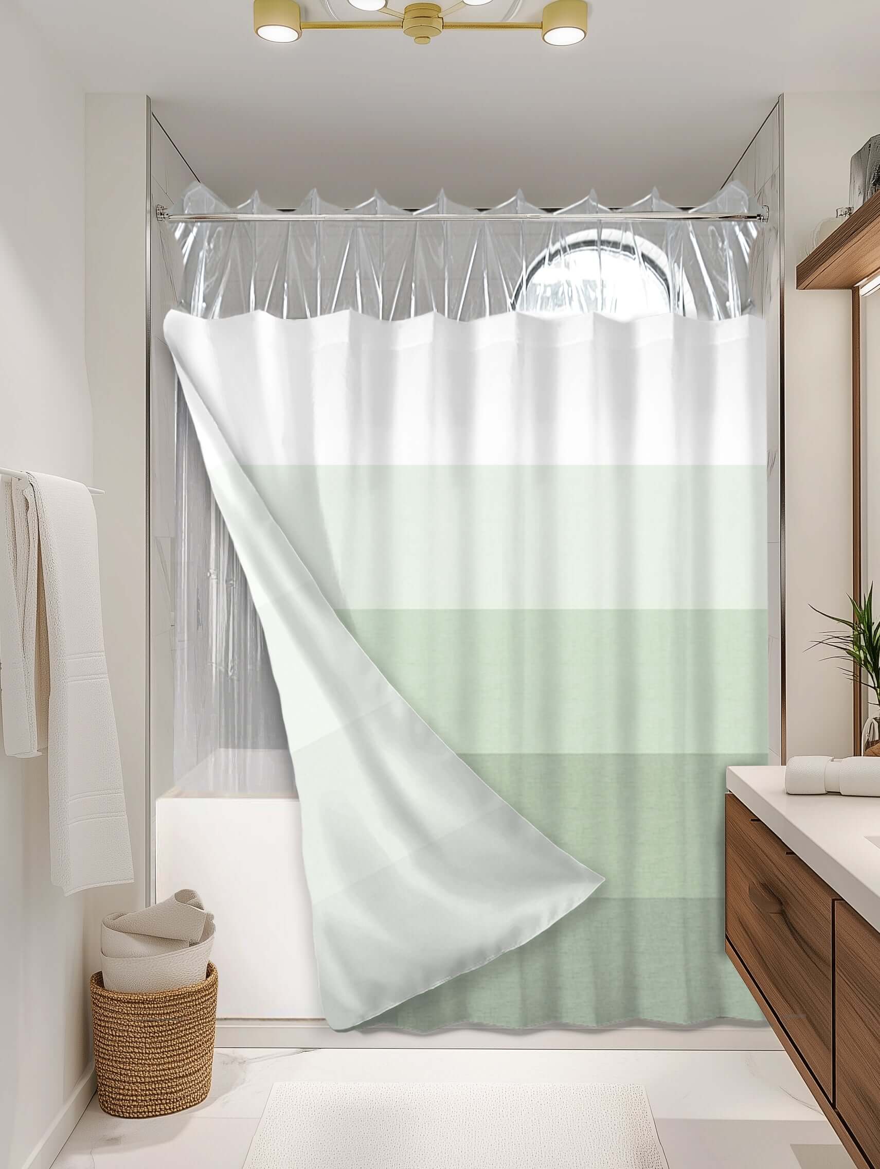 Ombre Sage outer shower curtain, semi coverage, on EXPANDY® clear expander — Outer SPACE® Curtain