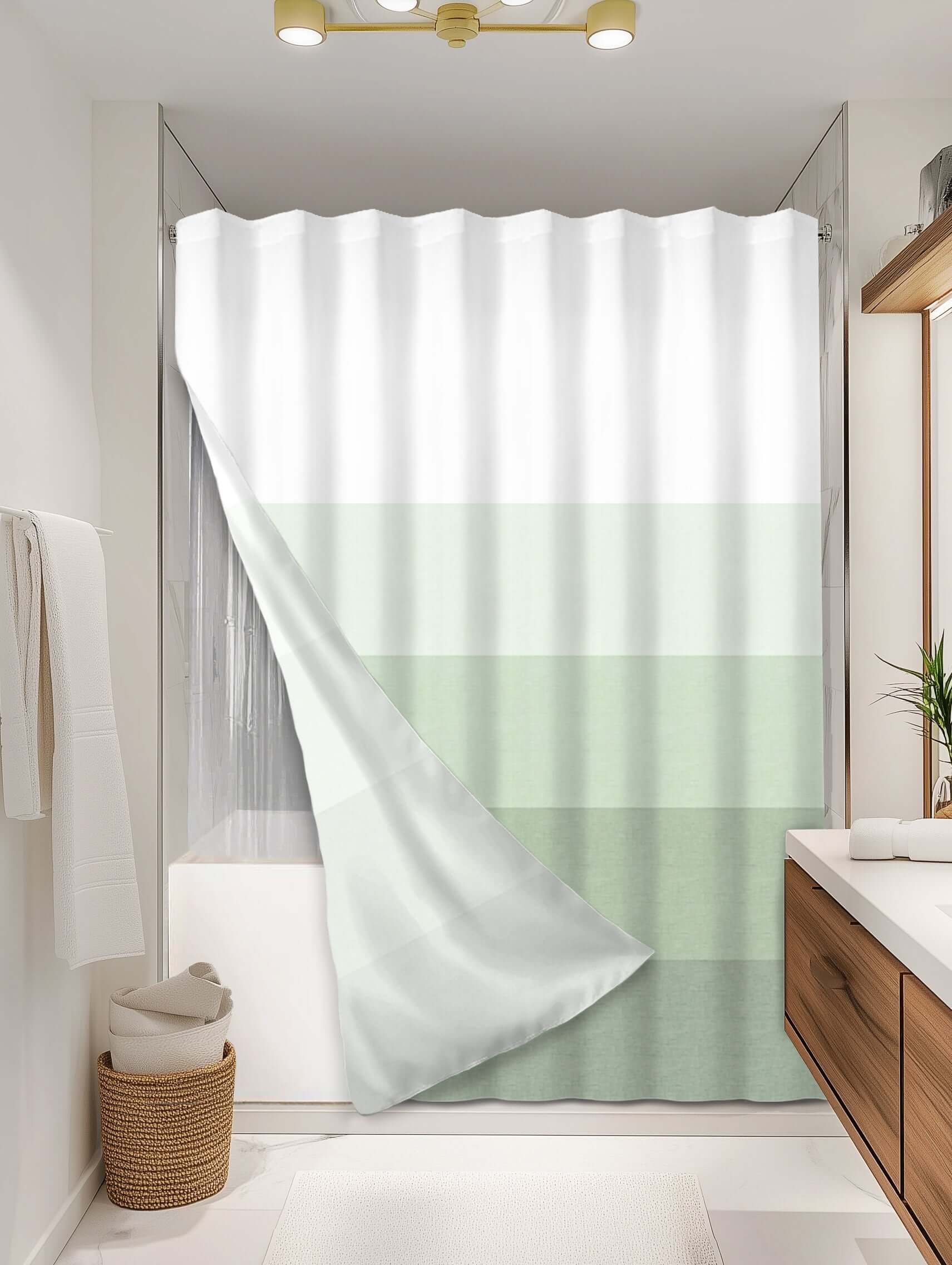 Ombre Sage outer shower curtain, full coverage, on EXPANDY® clear expander — Outer SPACE® Curtain