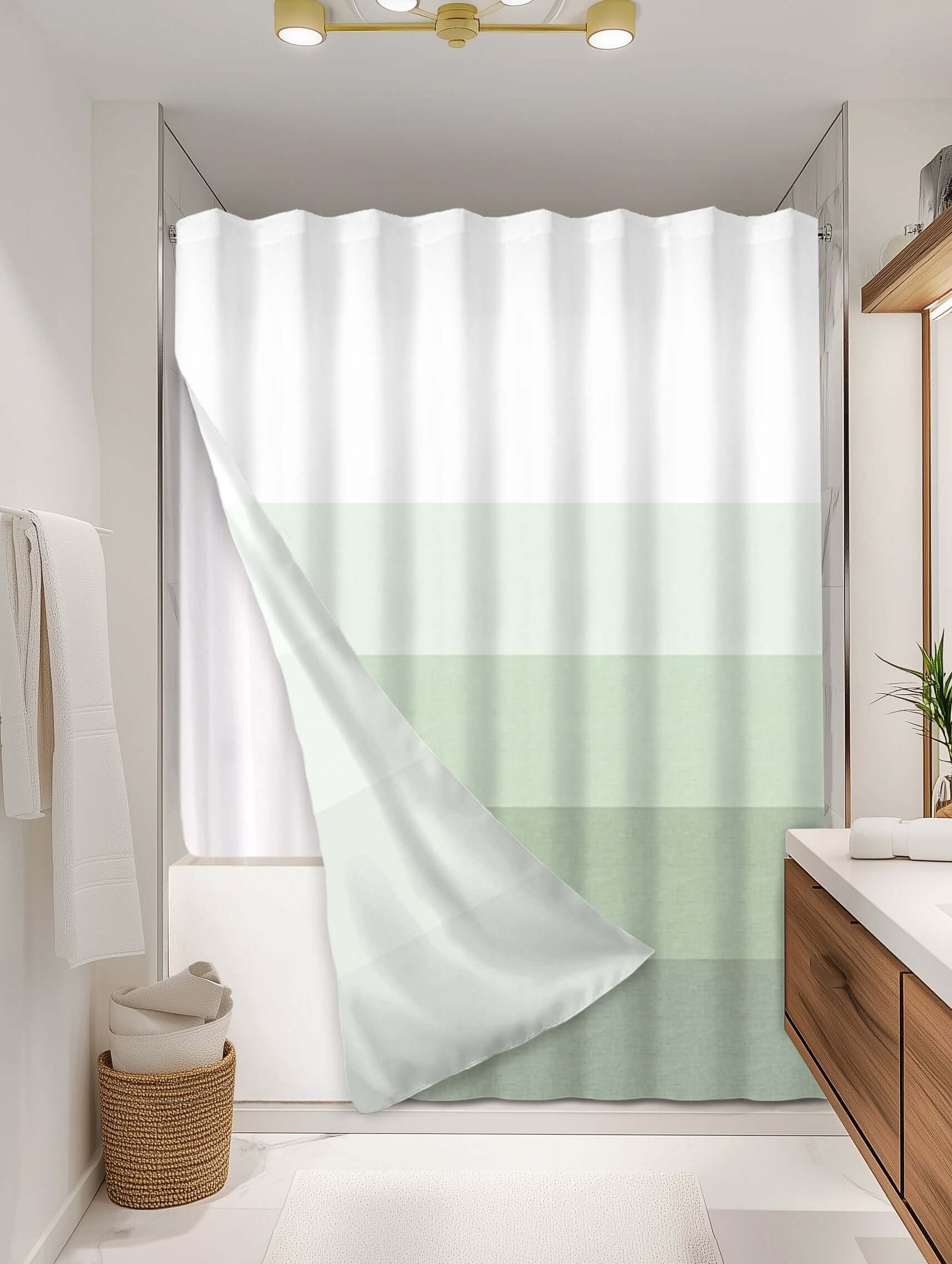 Ombre Sage outer shower curtain, full coverage, on EXPANDY® white expander — Outer SPACE® Curtain