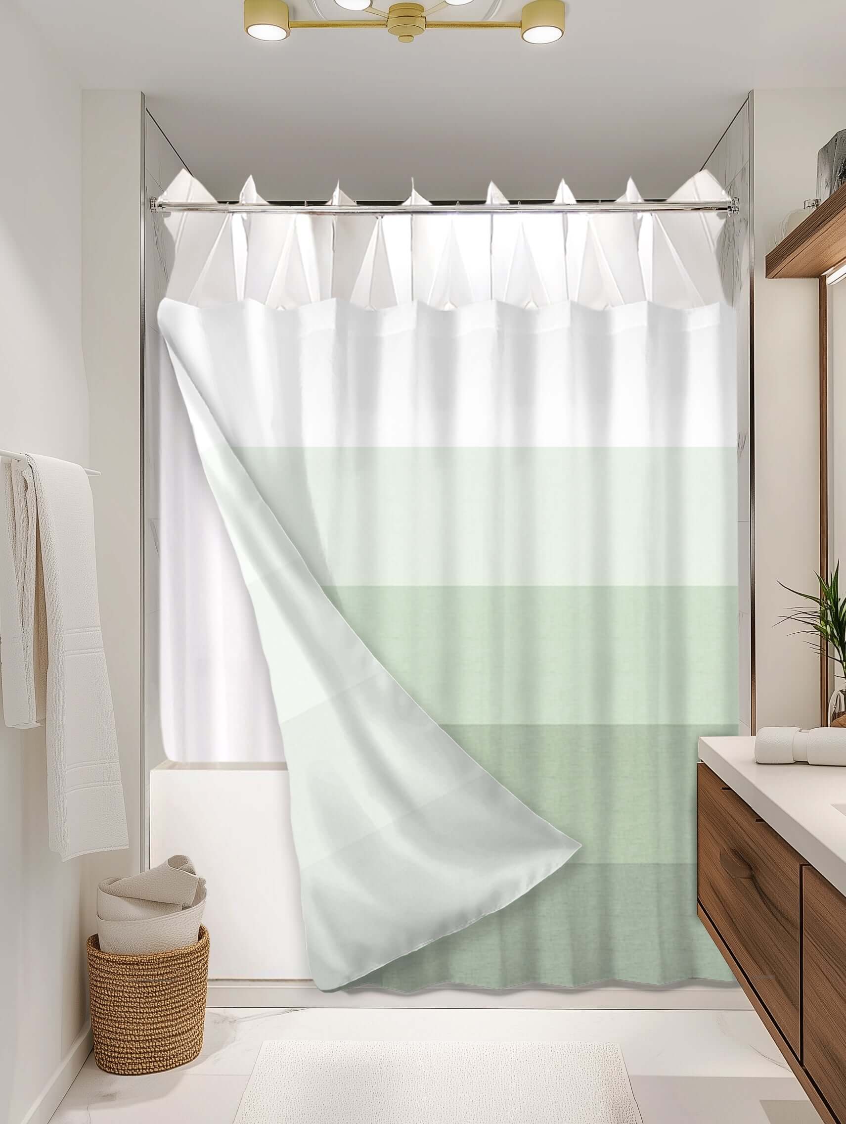 Ombre Sage outer shower curtain, semi coverage, on EXPANDY® white expander — Outer SPACE® Curtain